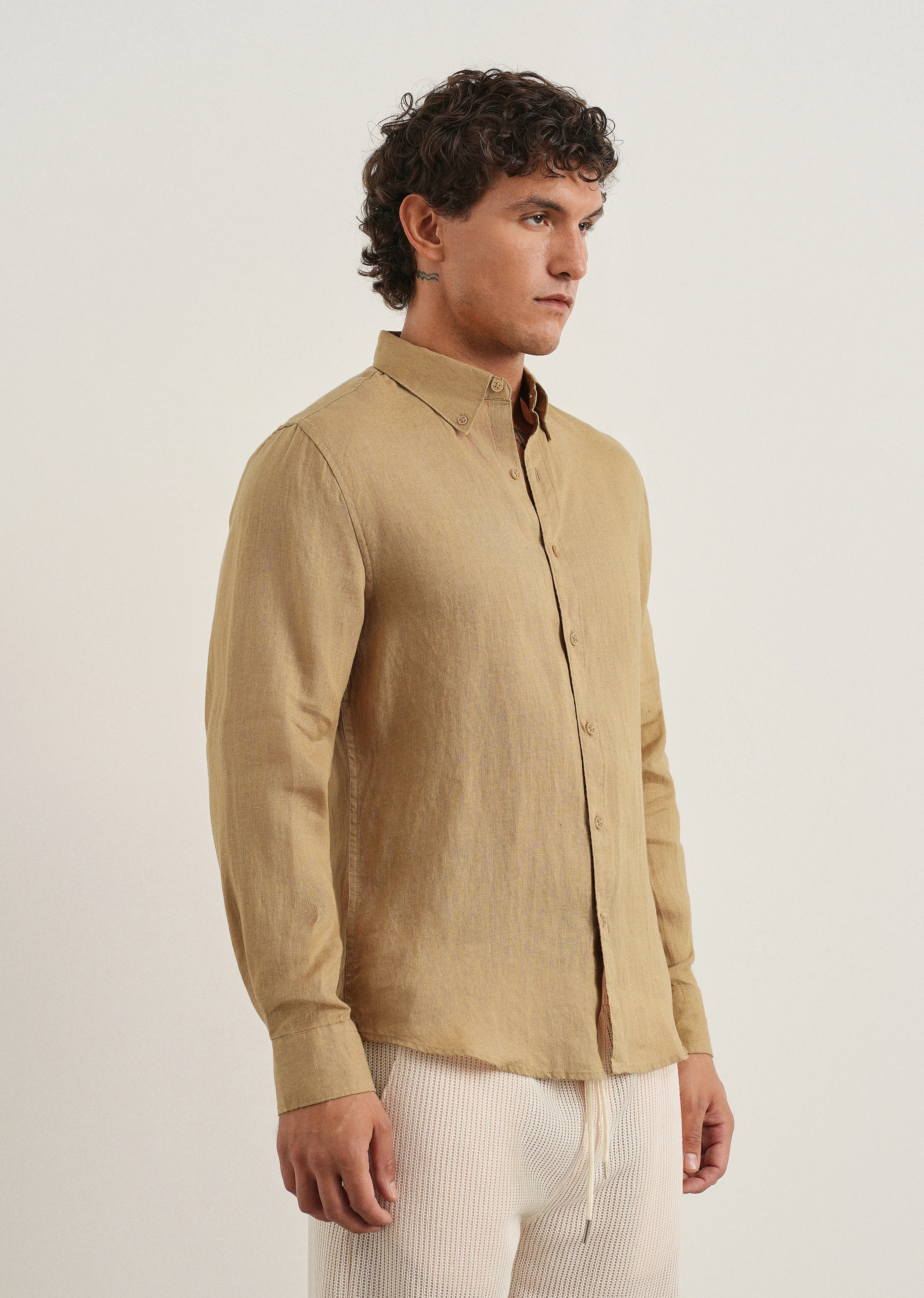 100% Pure Linen Khaki Regular Fit Shirt - Image 4