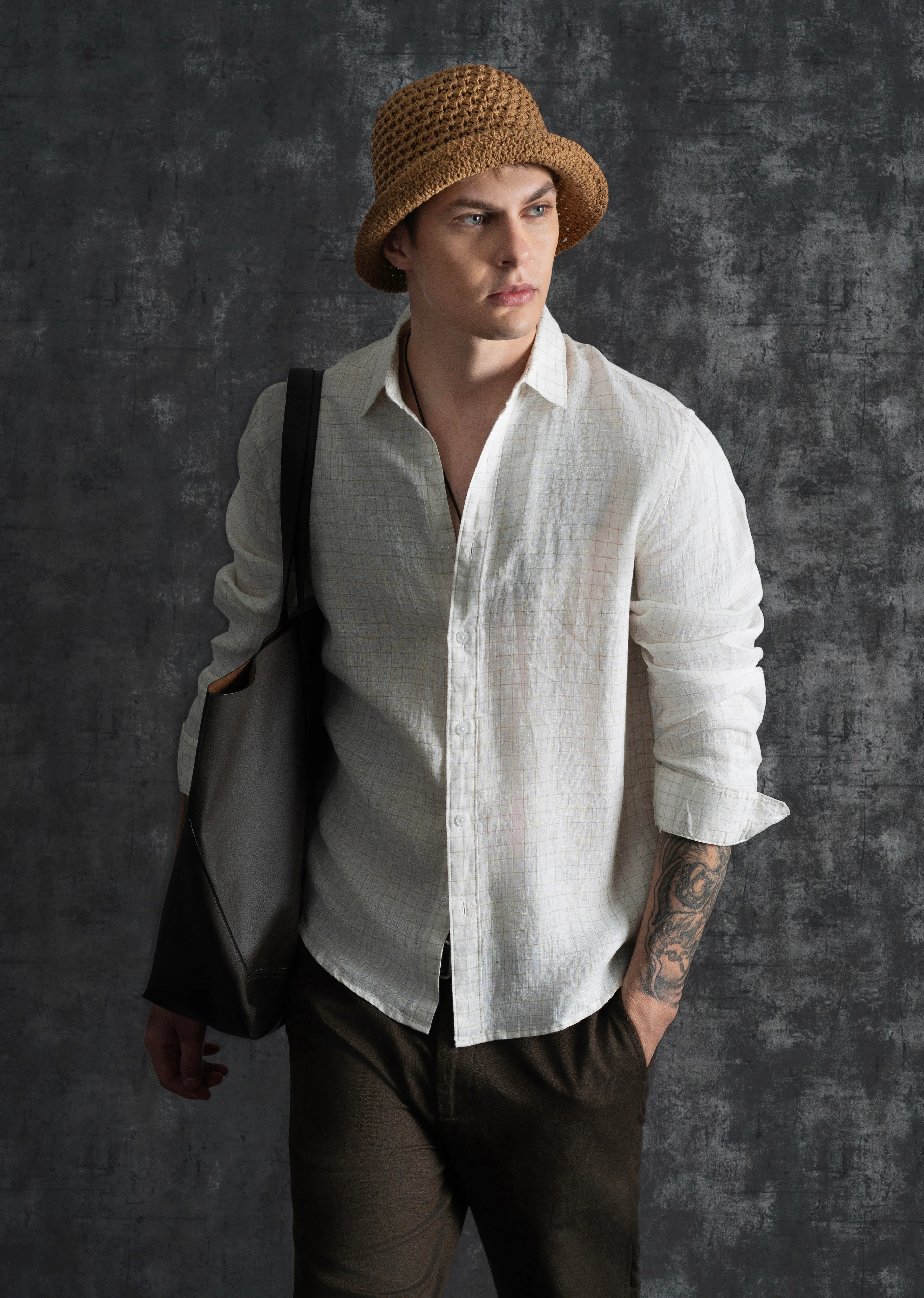 100% Pure Linen Off-White Check Shirt