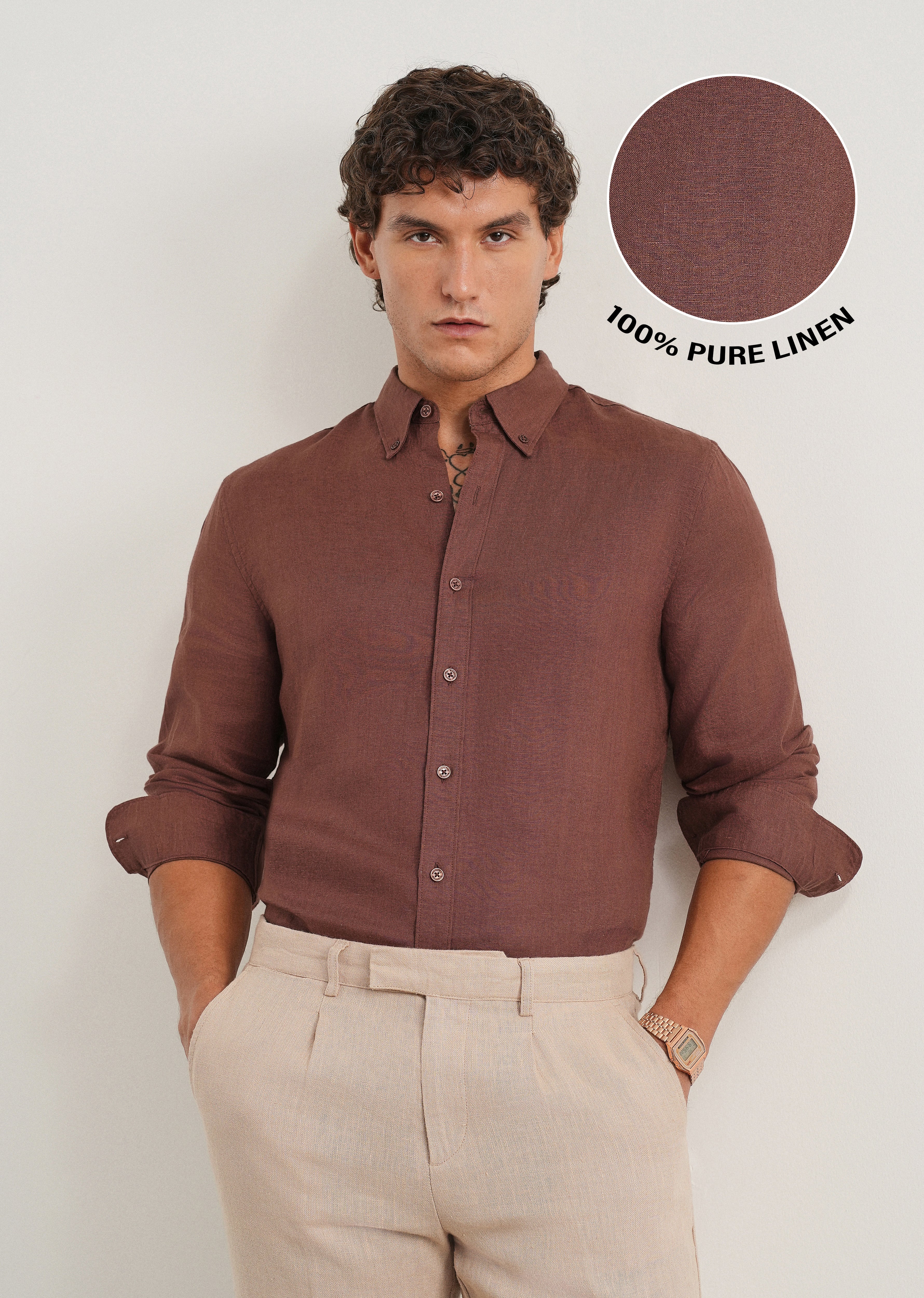 100% Pure Linen Umber Brown Regular Fit Shirt