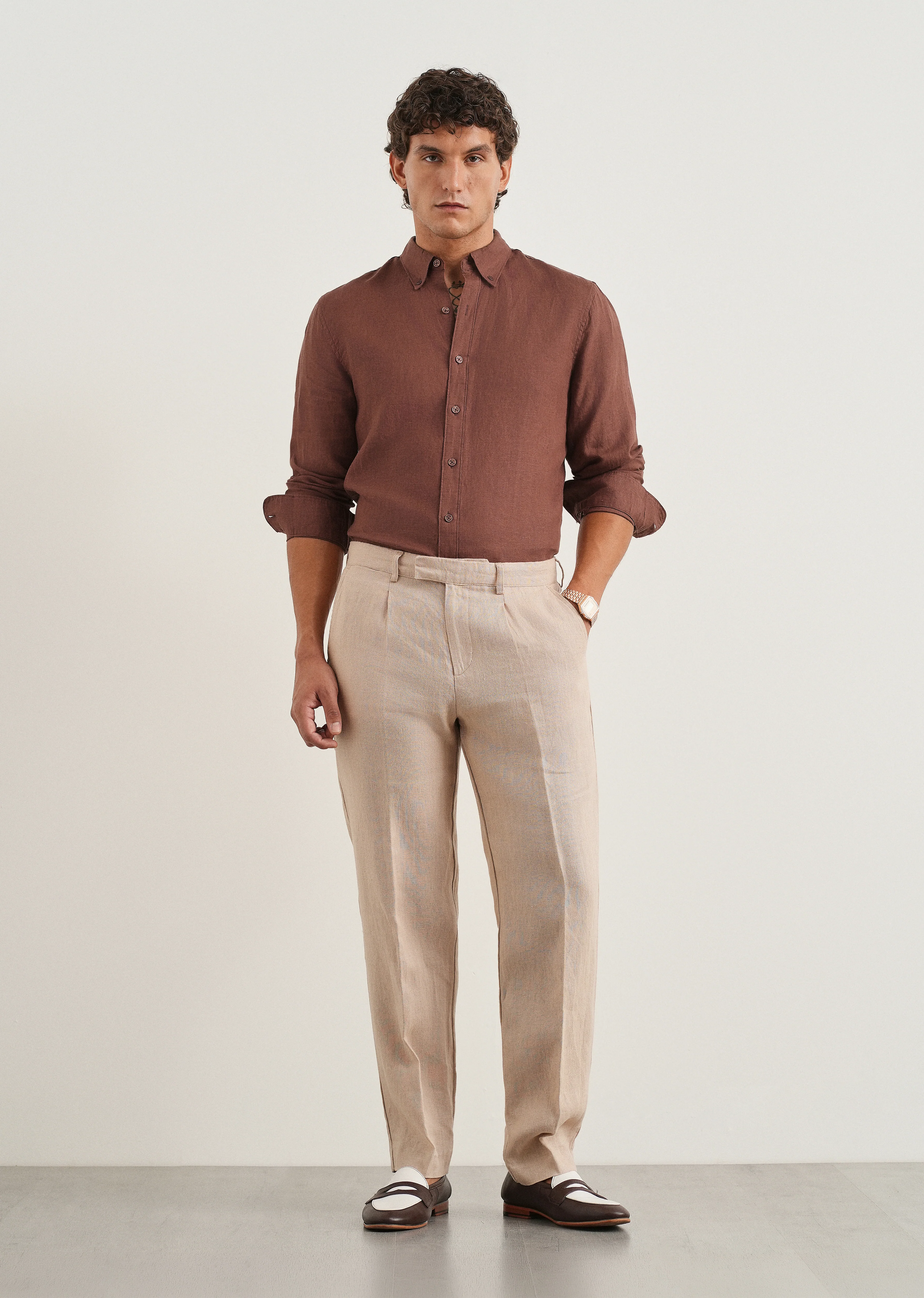 100% Pure Linen Umber Brown Regular Fit Shirt - Image 6