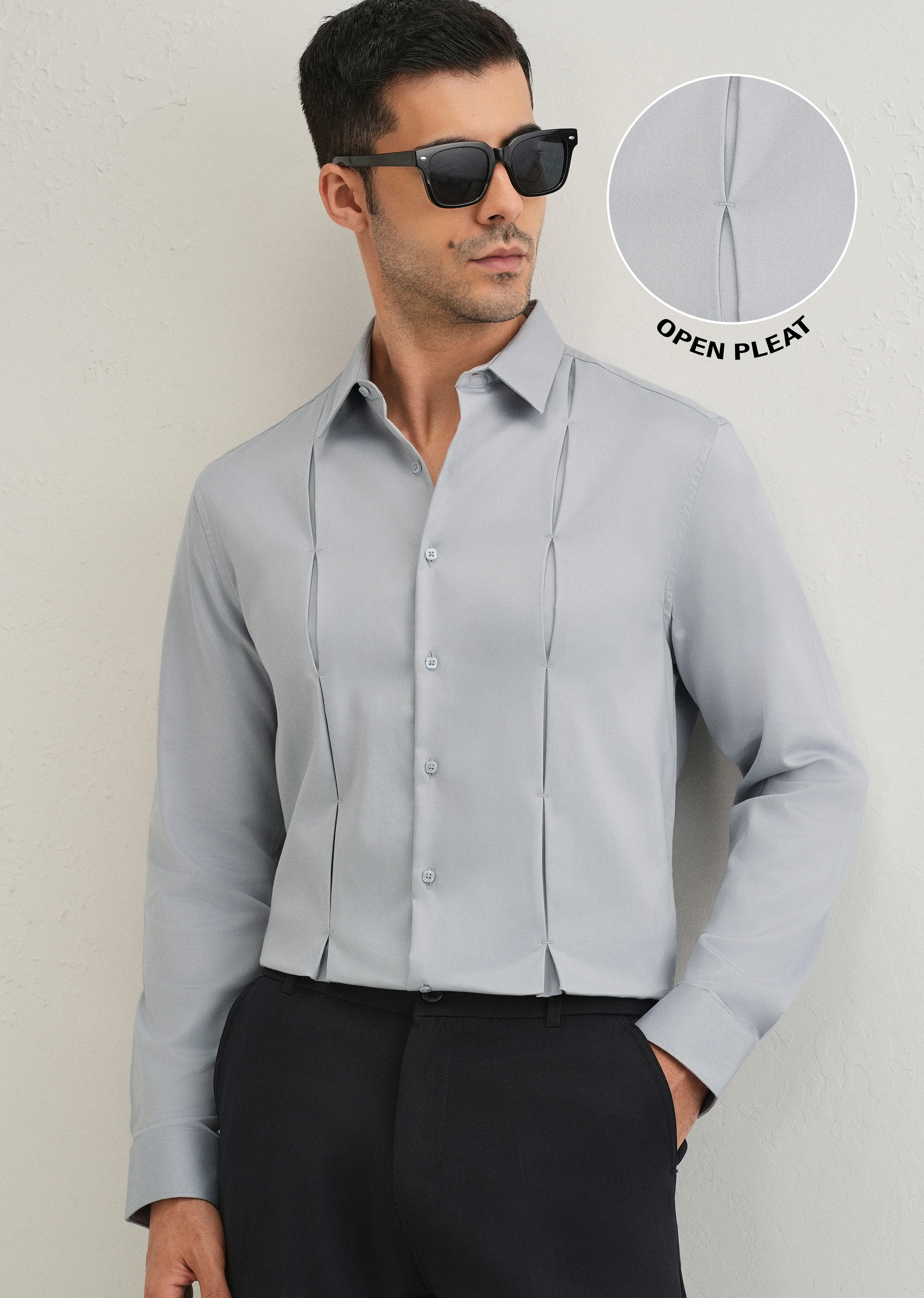 Ash Grey Front Panel Open Pleat Shirt