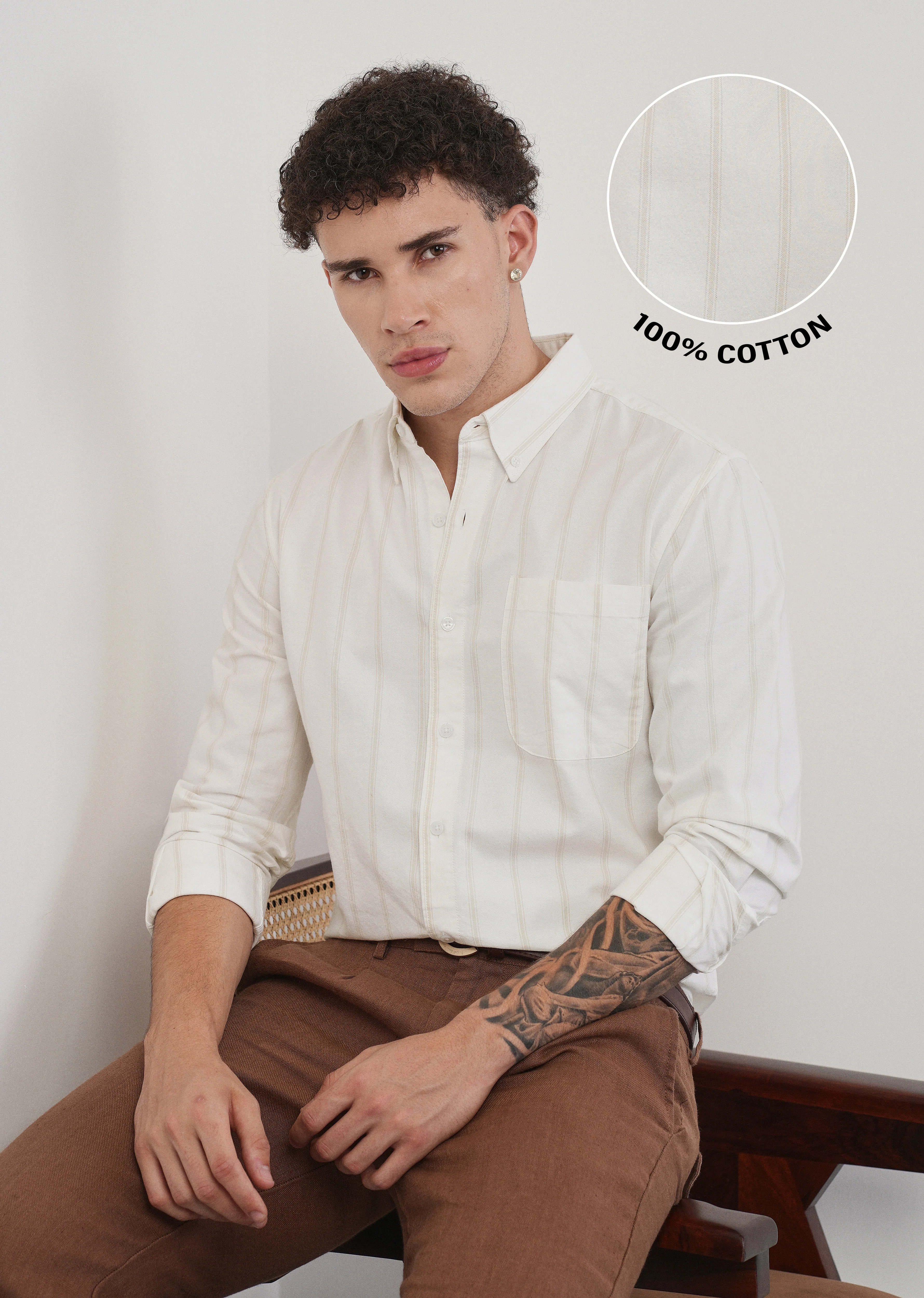 Beige Cluster Stripe Cotton Shirt