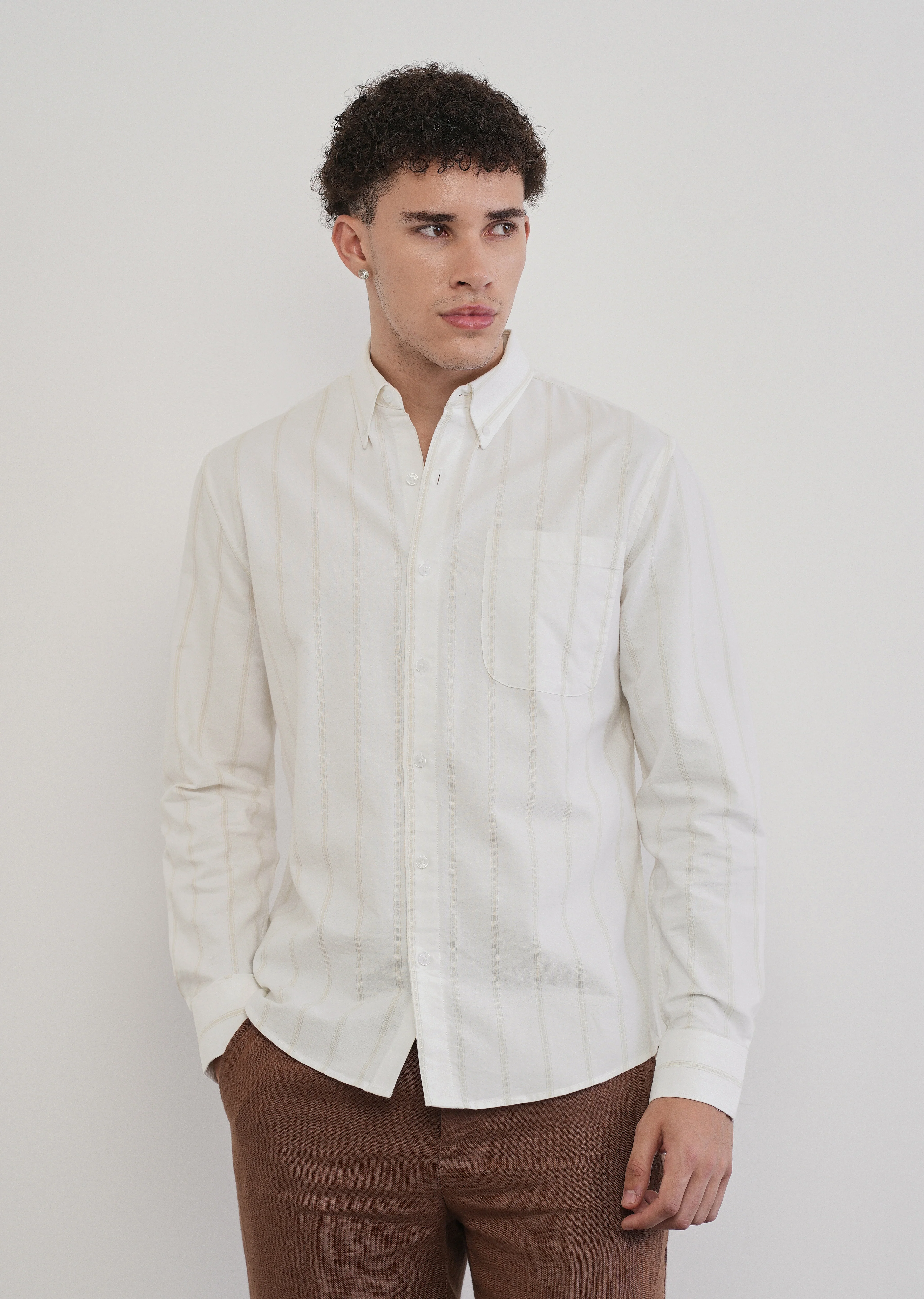 Beige Cluster Stripe Cotton Shirt - Image 3