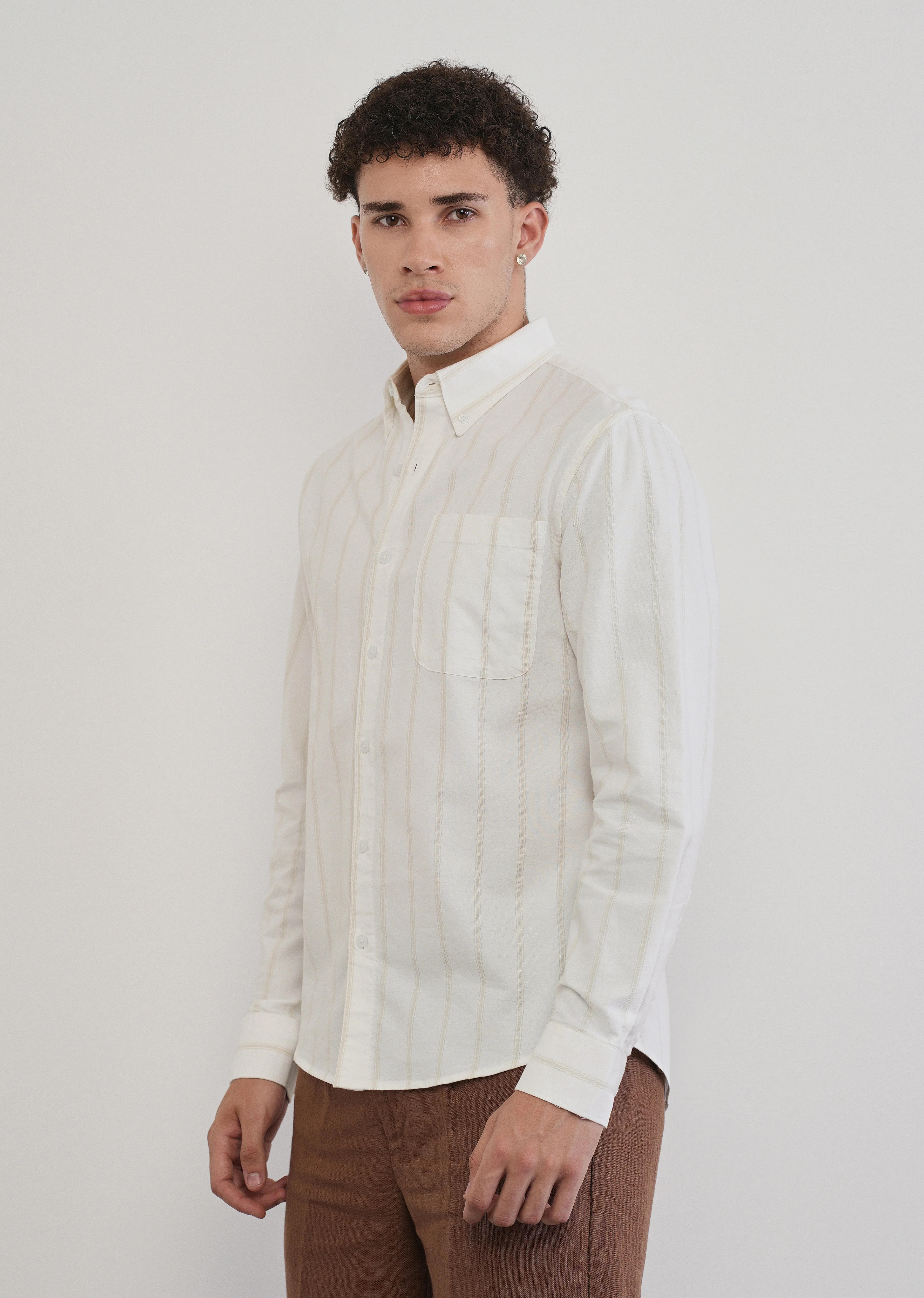 Beige Cluster Stripe Cotton Shirt - Image 4