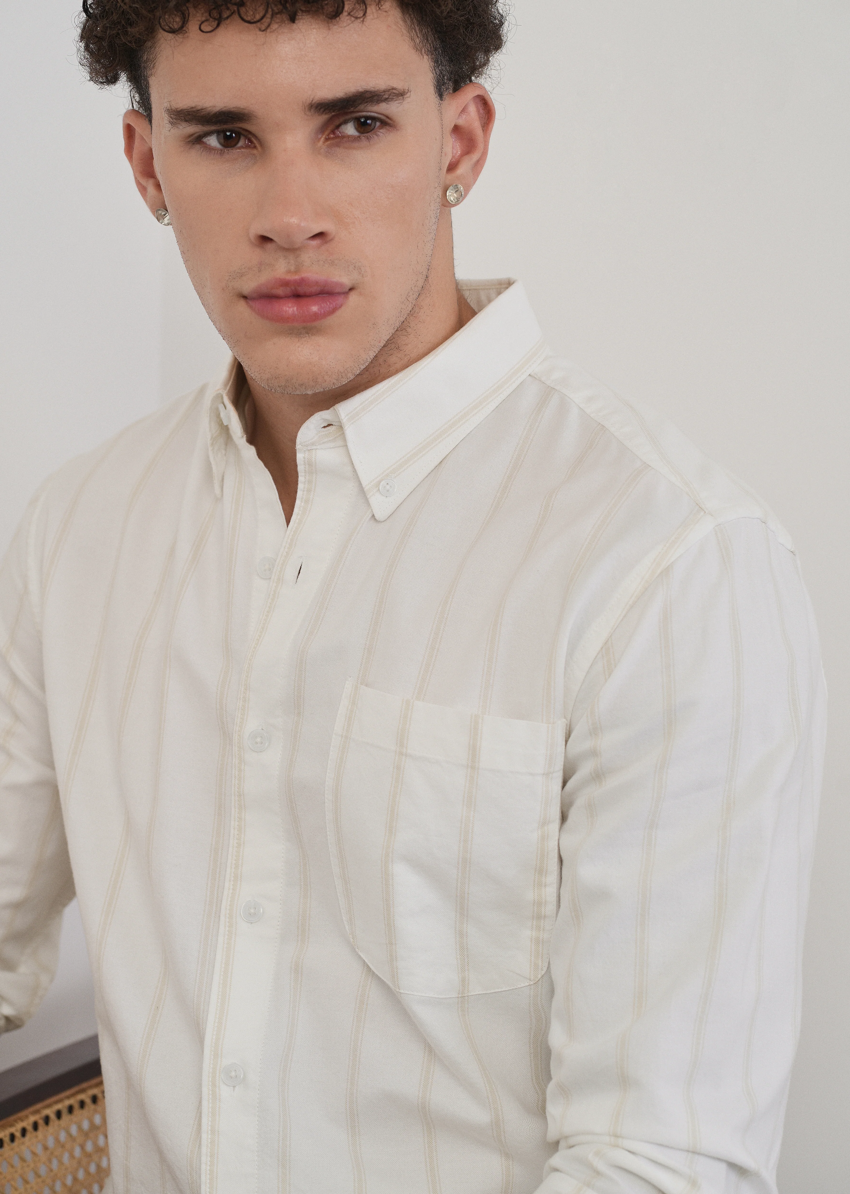 Beige Cluster Stripe Cotton Shirt - Image 5