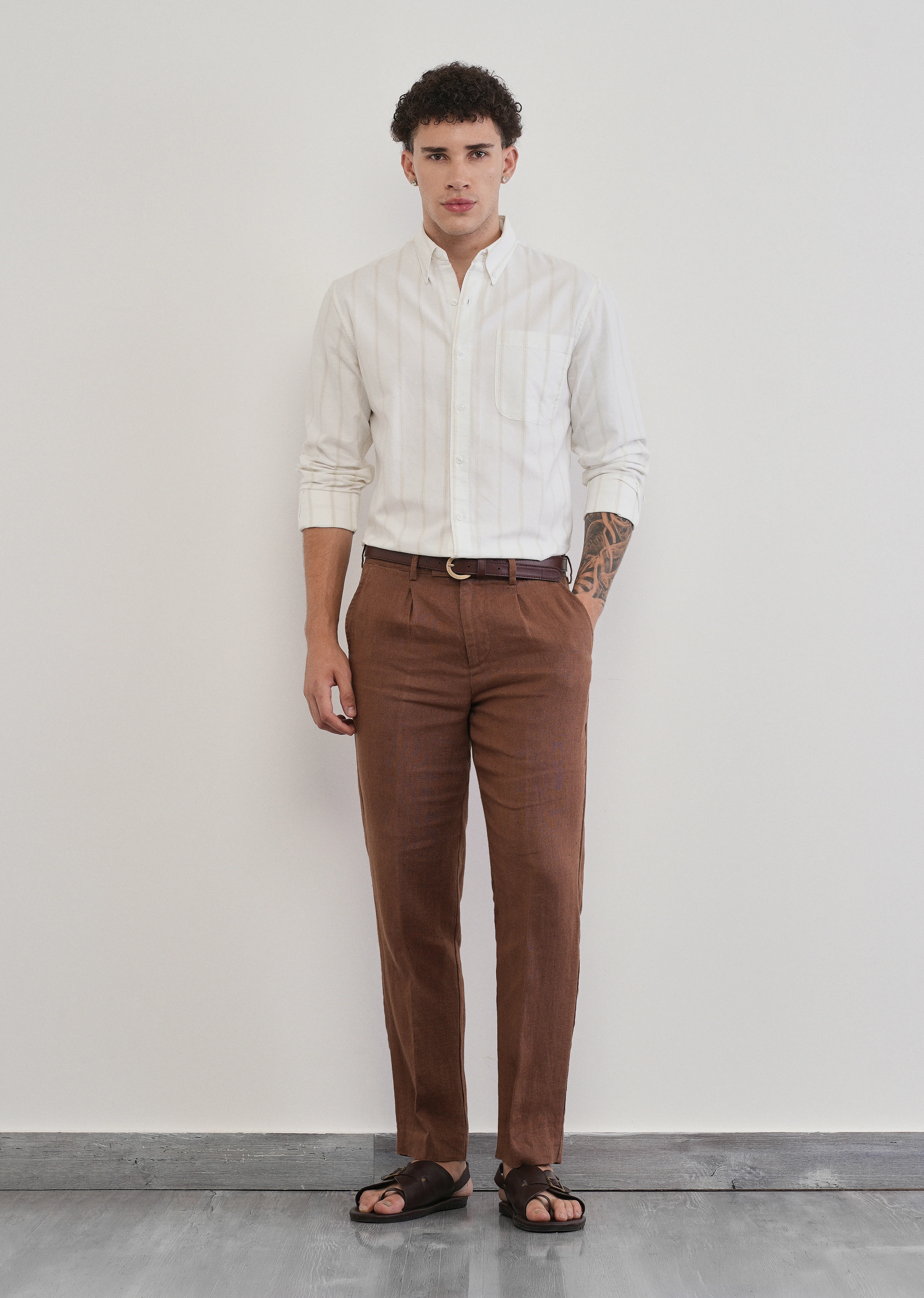 Beige Cluster Stripe Cotton Shirt - Image 6