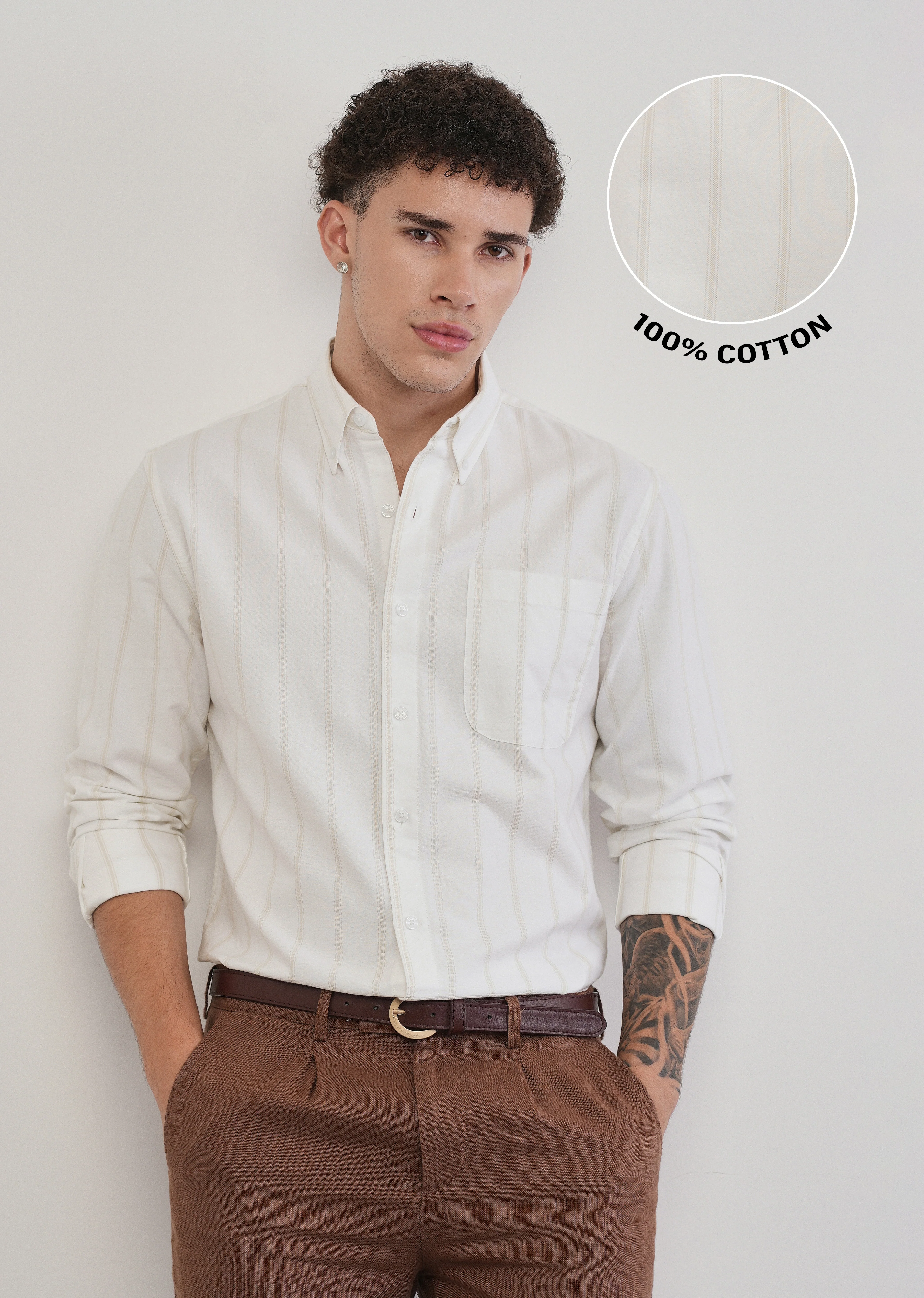 Beige Cluster Stripe Cotton Shirt - Image 7