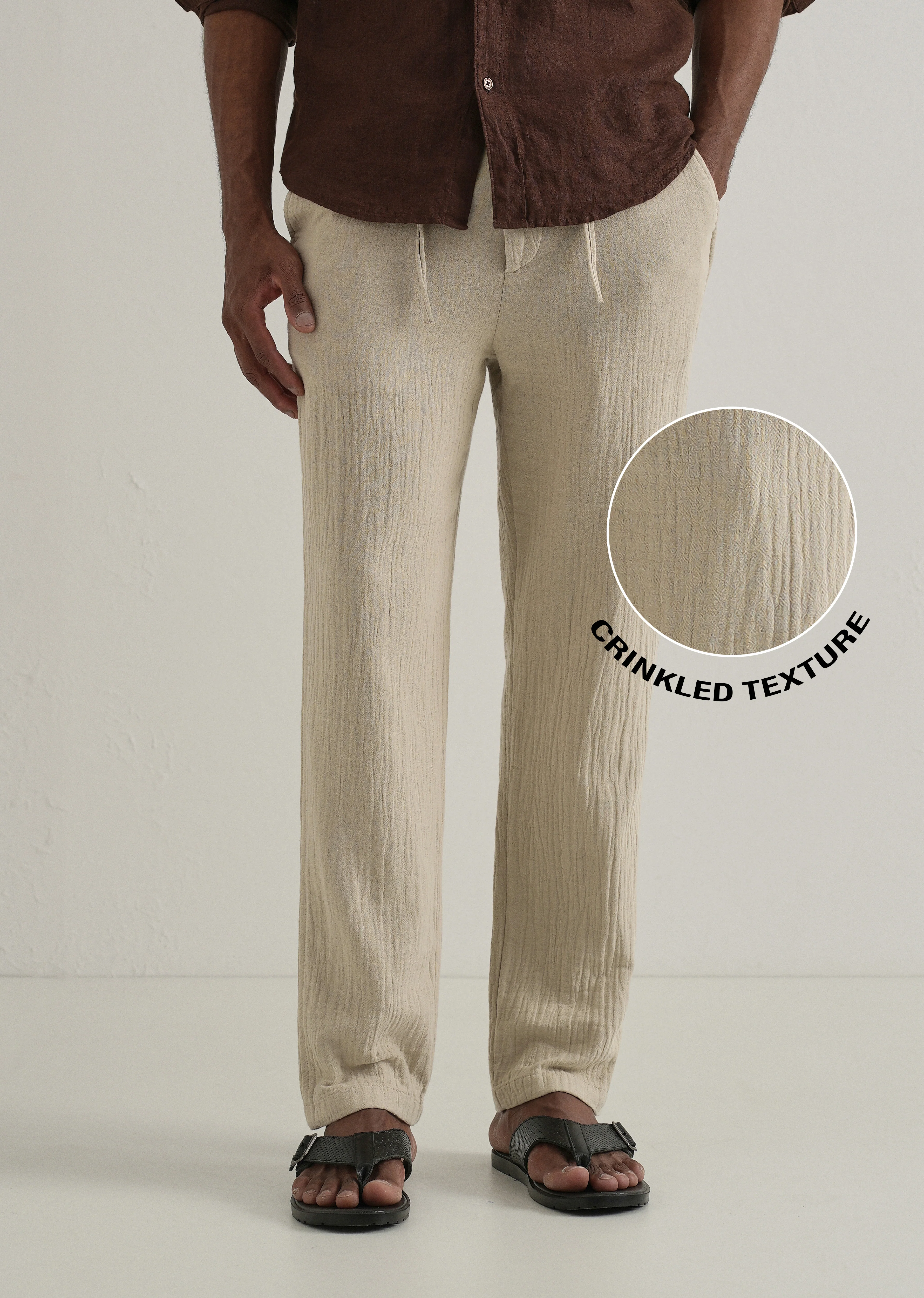 Beige Crinkled Cotton Trouser