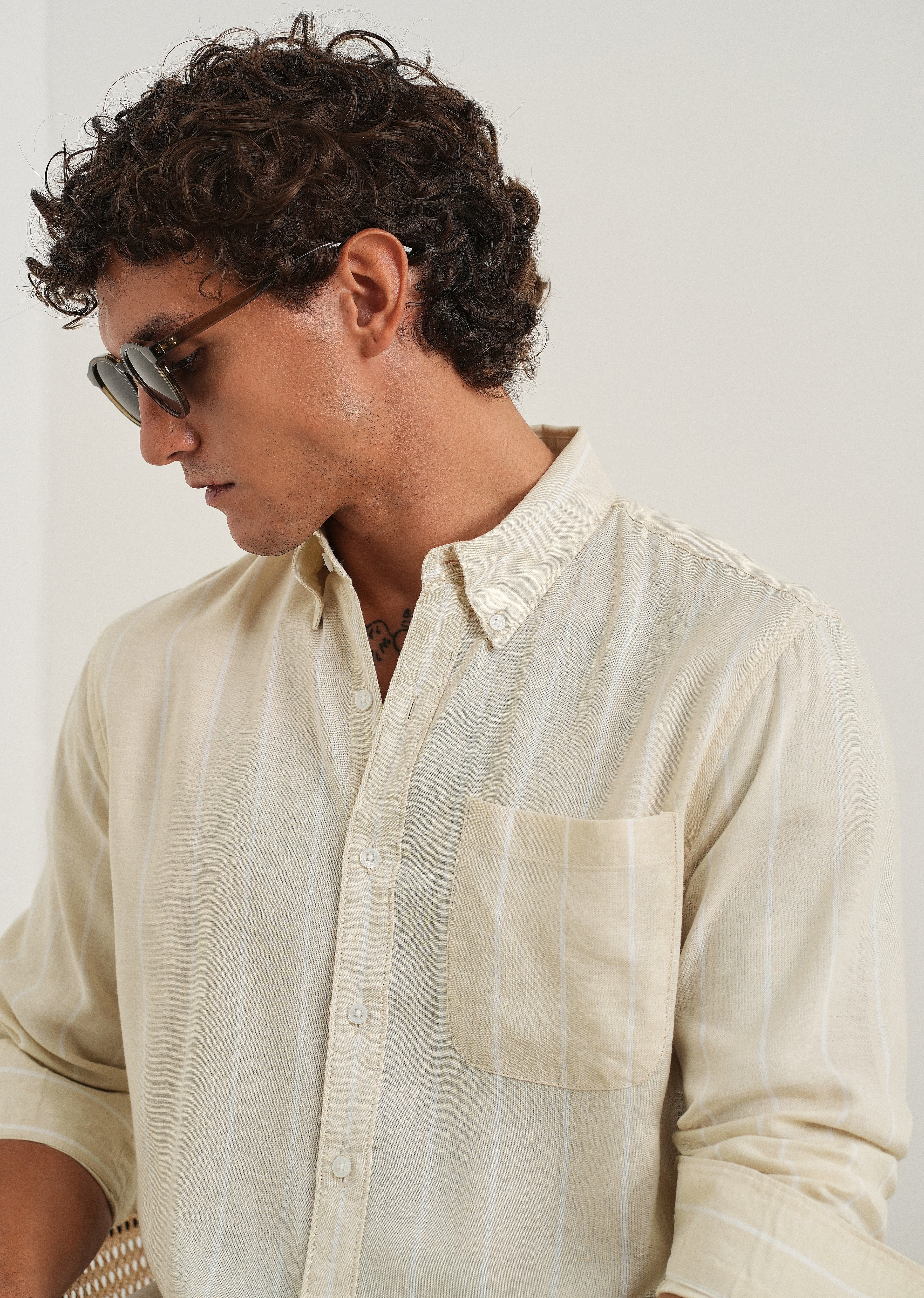 Beige Lyocell Linen Stripe Shirt - Image 5