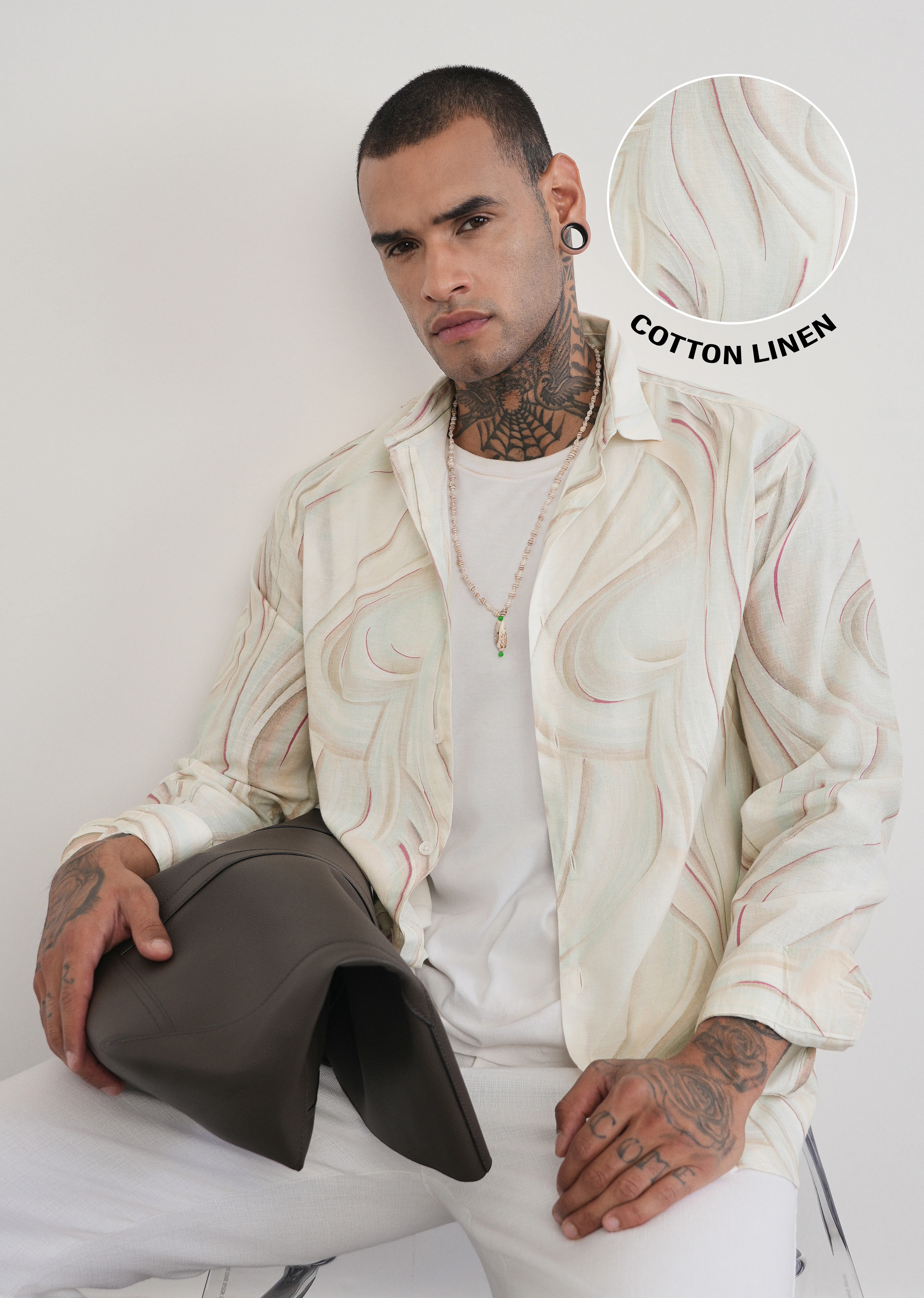 Beige Swirl Print Cotton Linen Shirt