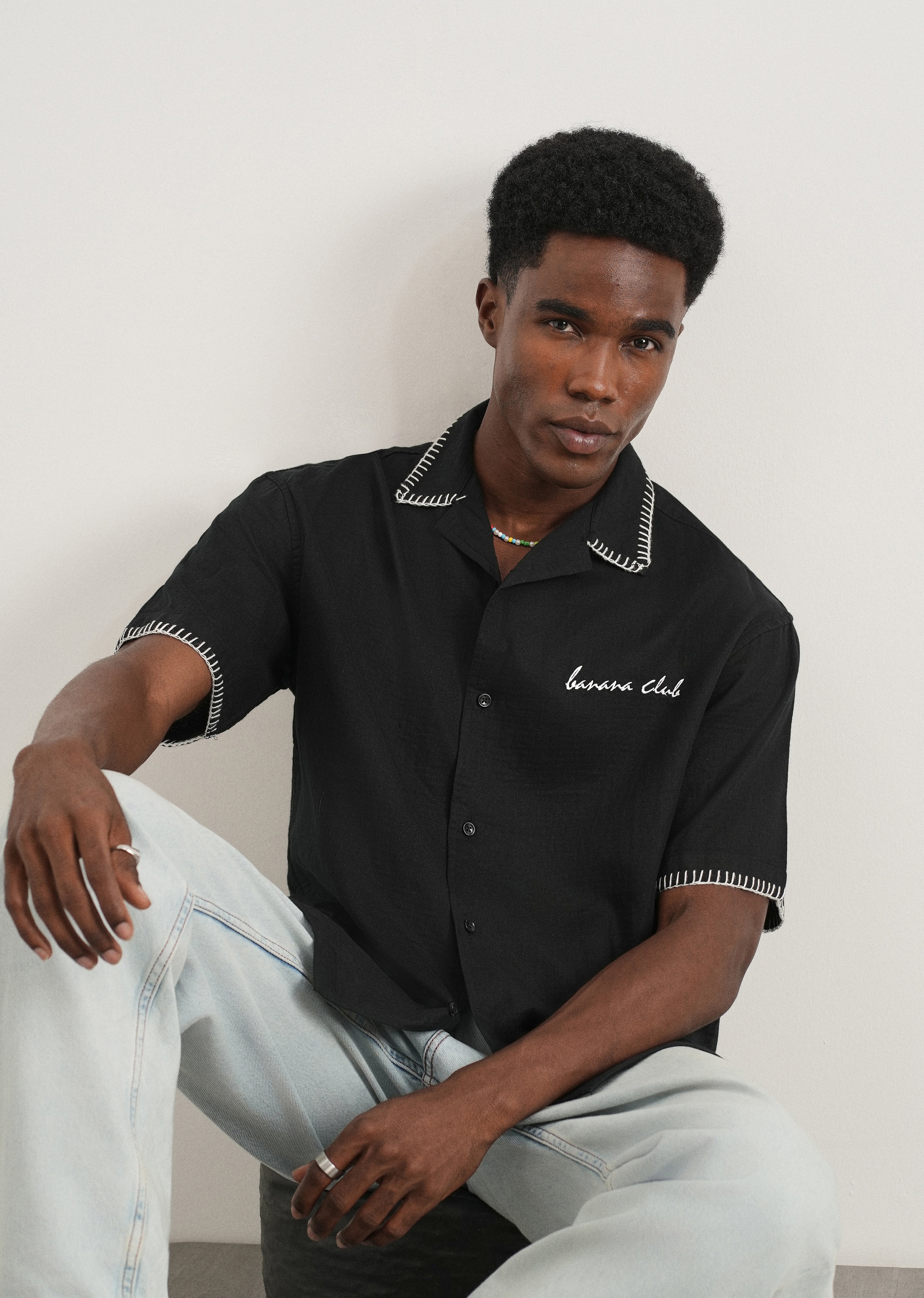 Black Contrast Embroidered Cotton Shirt