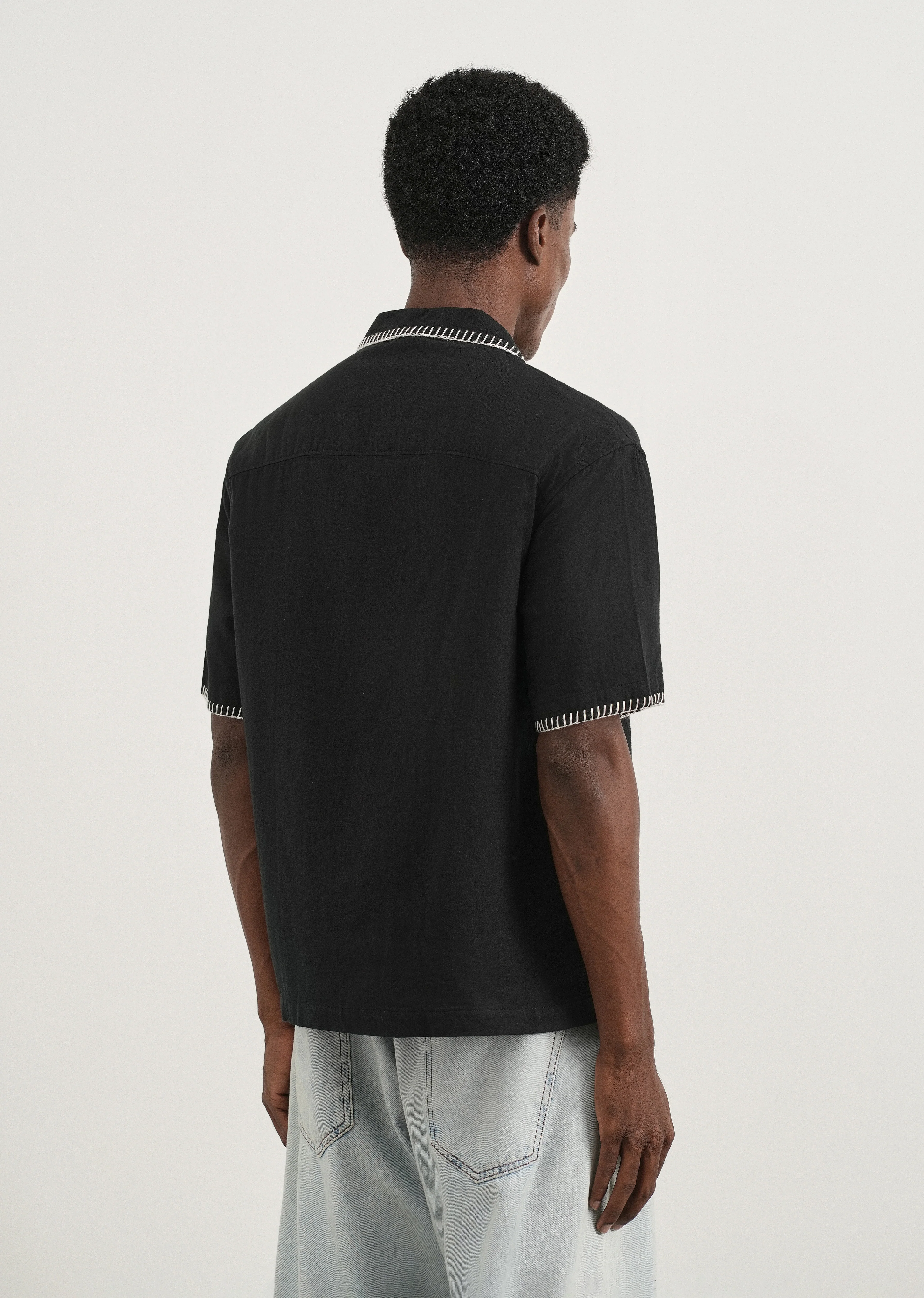 Black Contrast Embroidered Cotton Shirt - Image 2