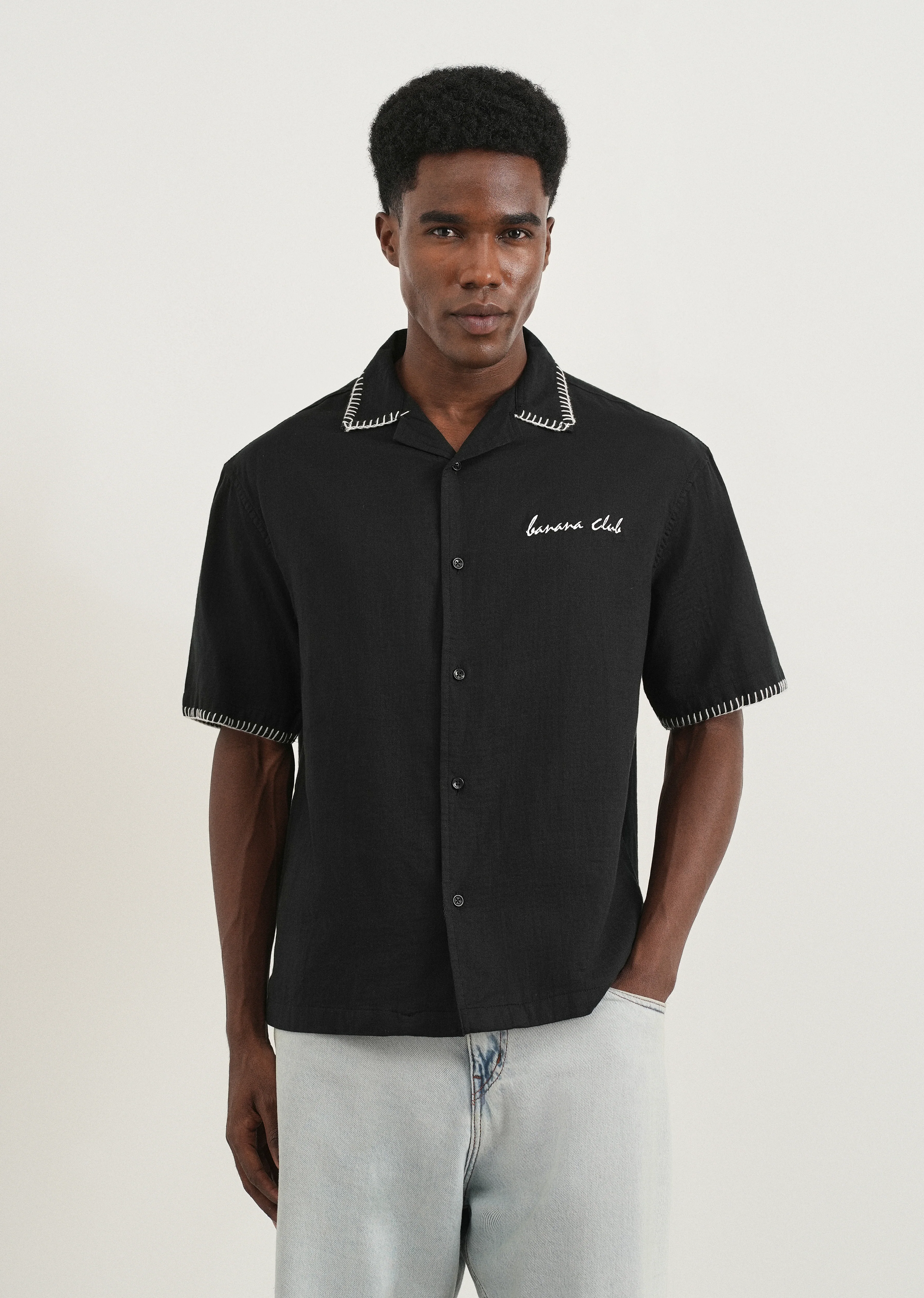 Black Contrast Embroidered Cotton Shirt - Image 3