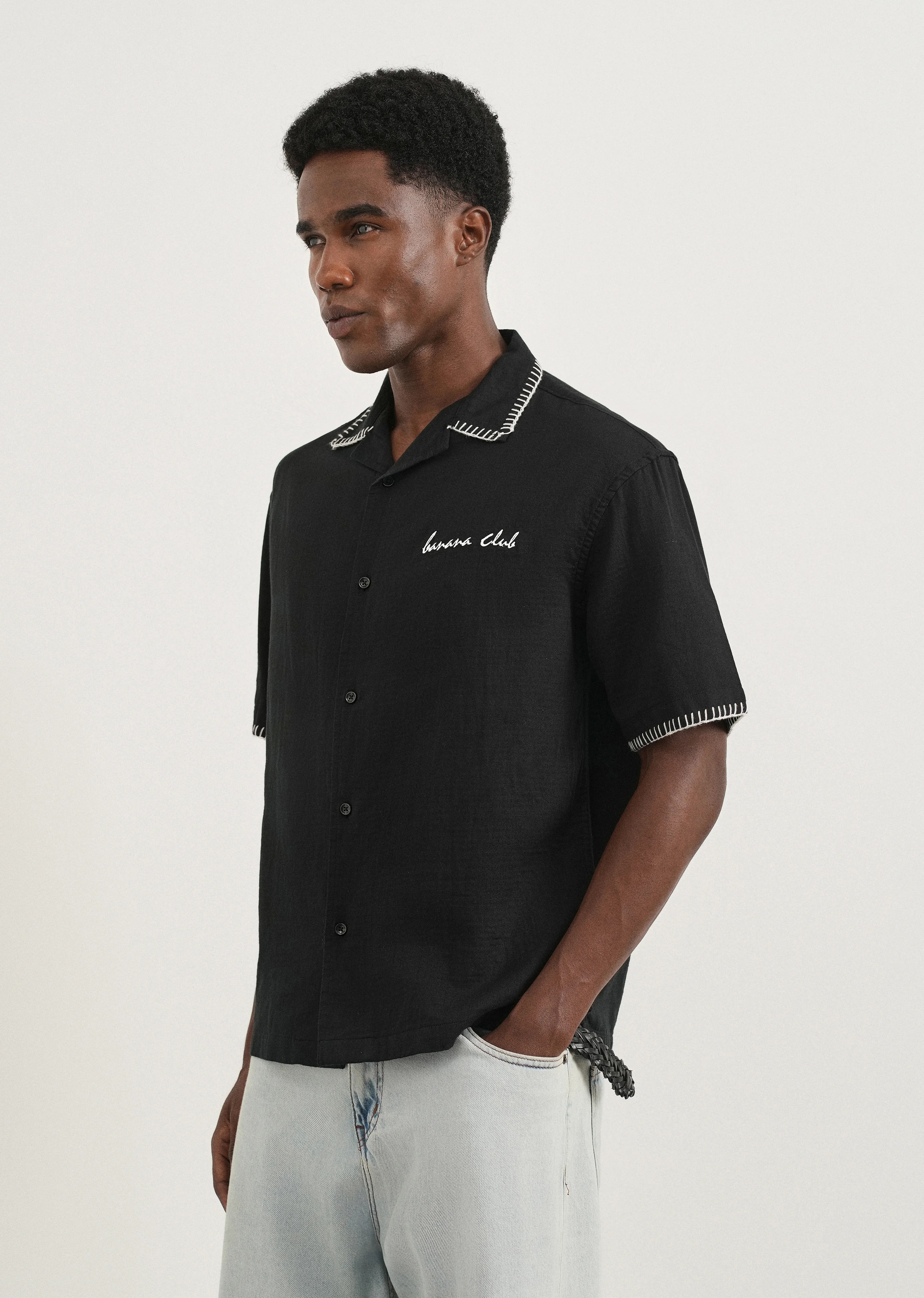 Black Contrast Embroidered Cotton Shirt - Image 4