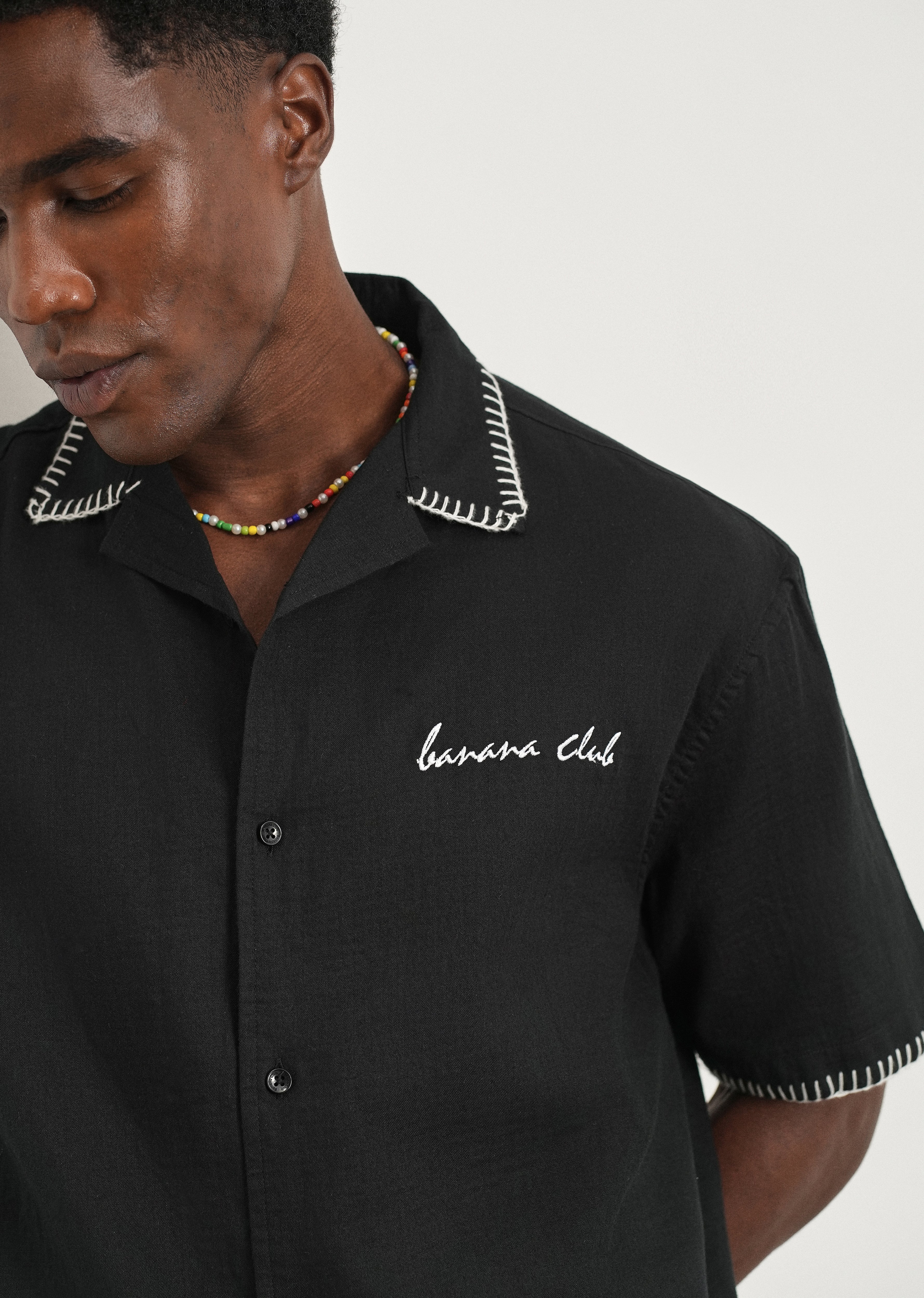 Black Contrast Embroidered Cotton Shirt - Image 5