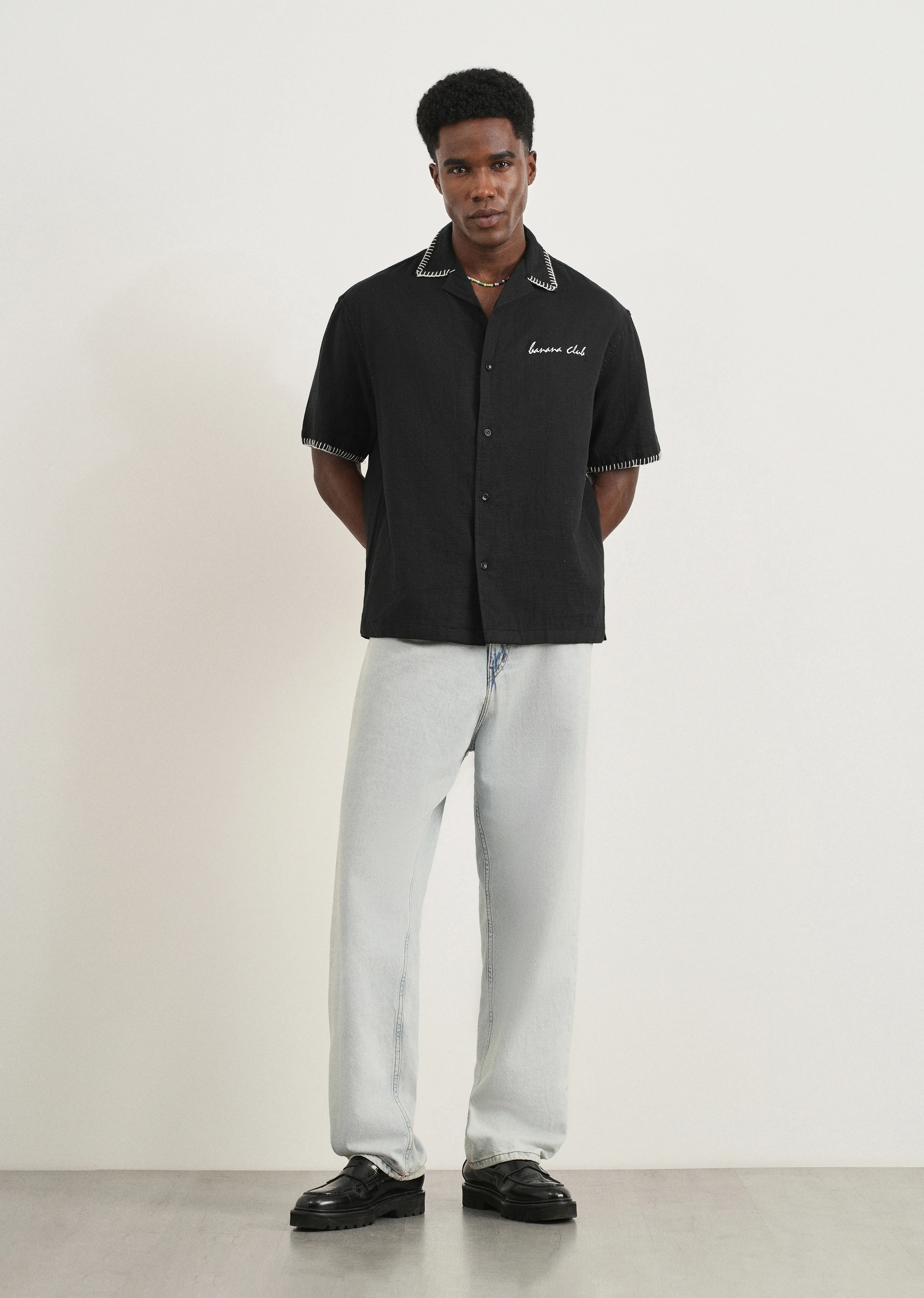 Black Contrast Embroidered Cotton Shirt - Image 6