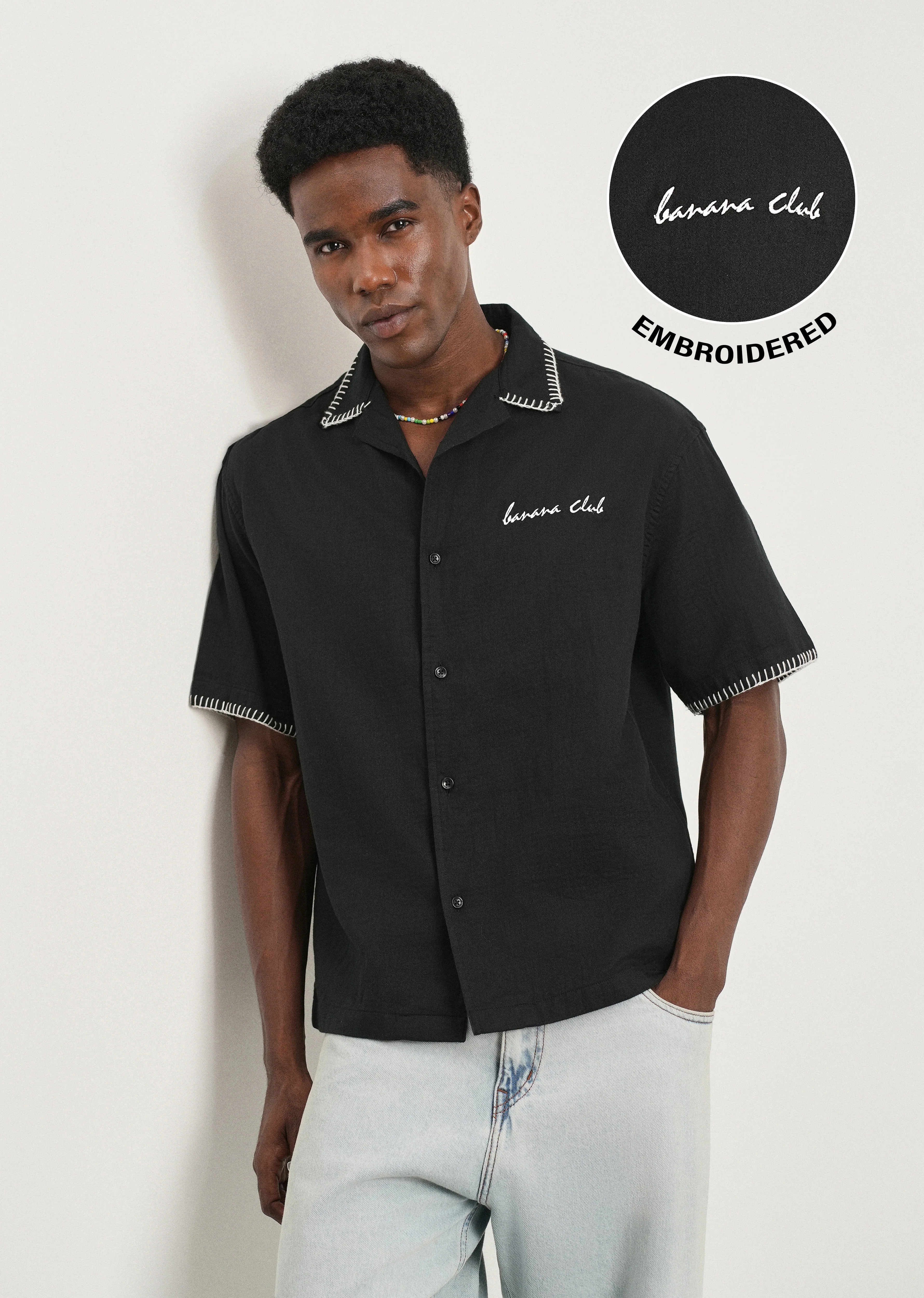 Black Contrast Embroidered Cotton Shirt - Image 7