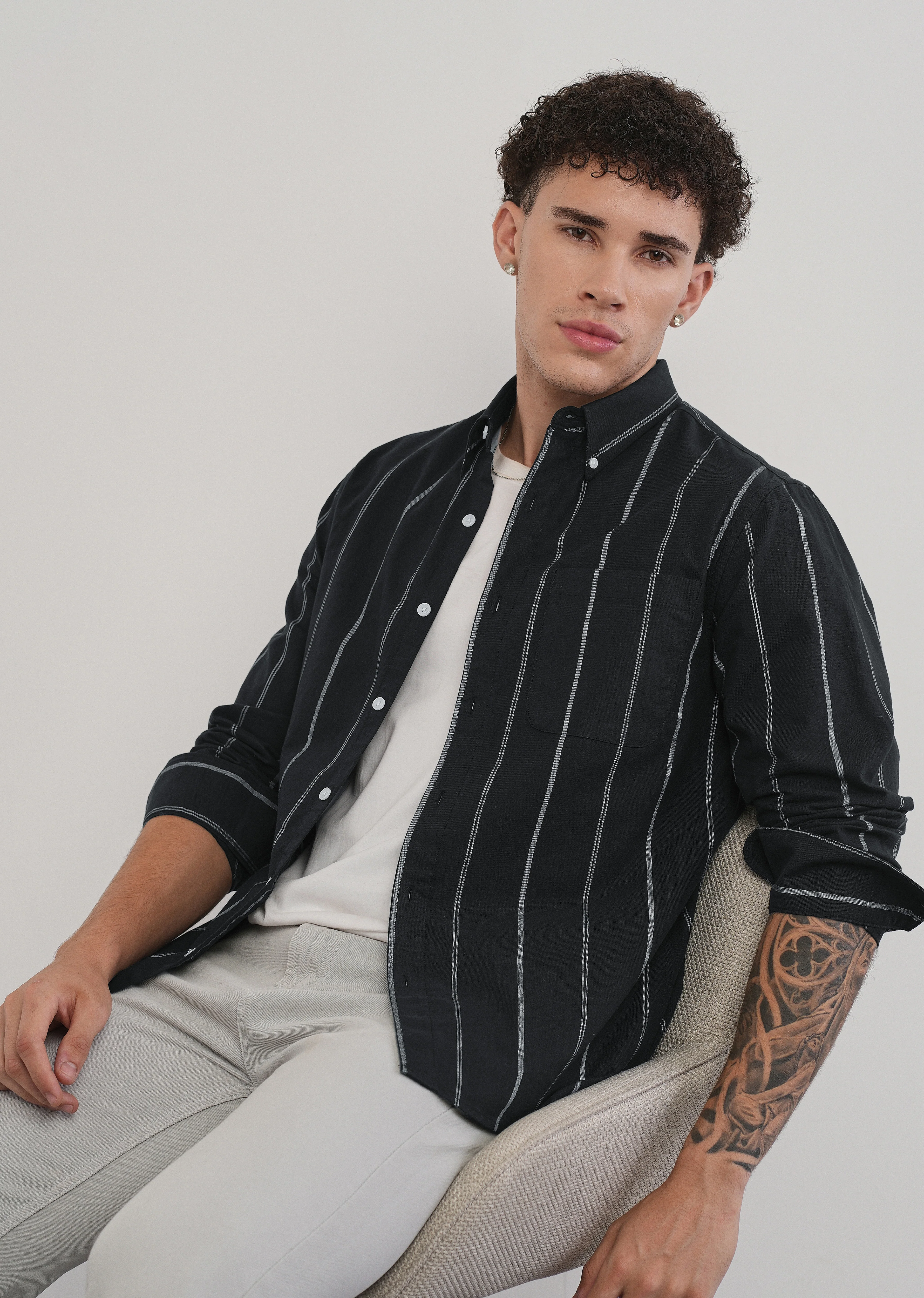 Black Dual Stripe Cotton Shirt - Image 7
