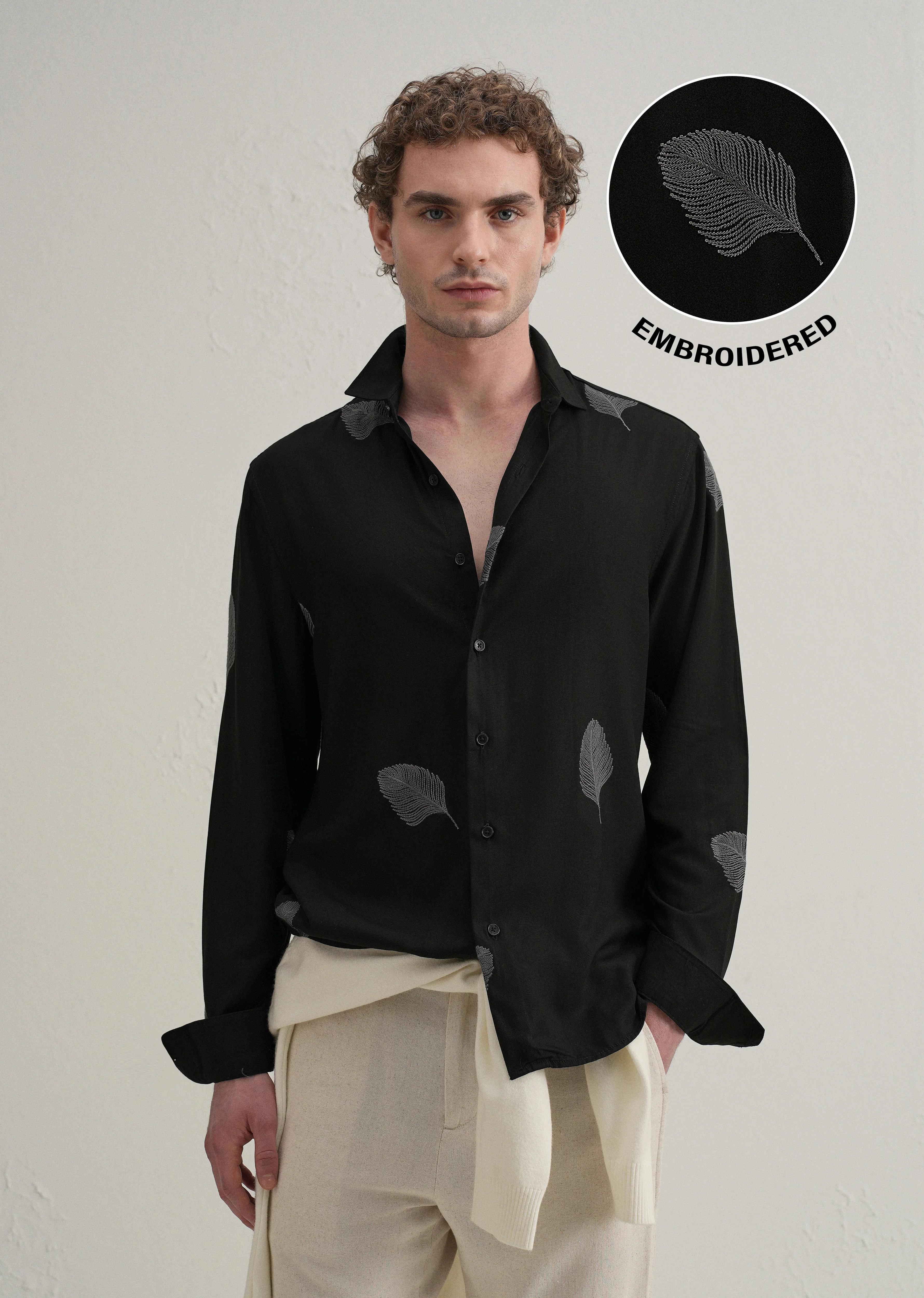 Black Feather Embroidery Shirt