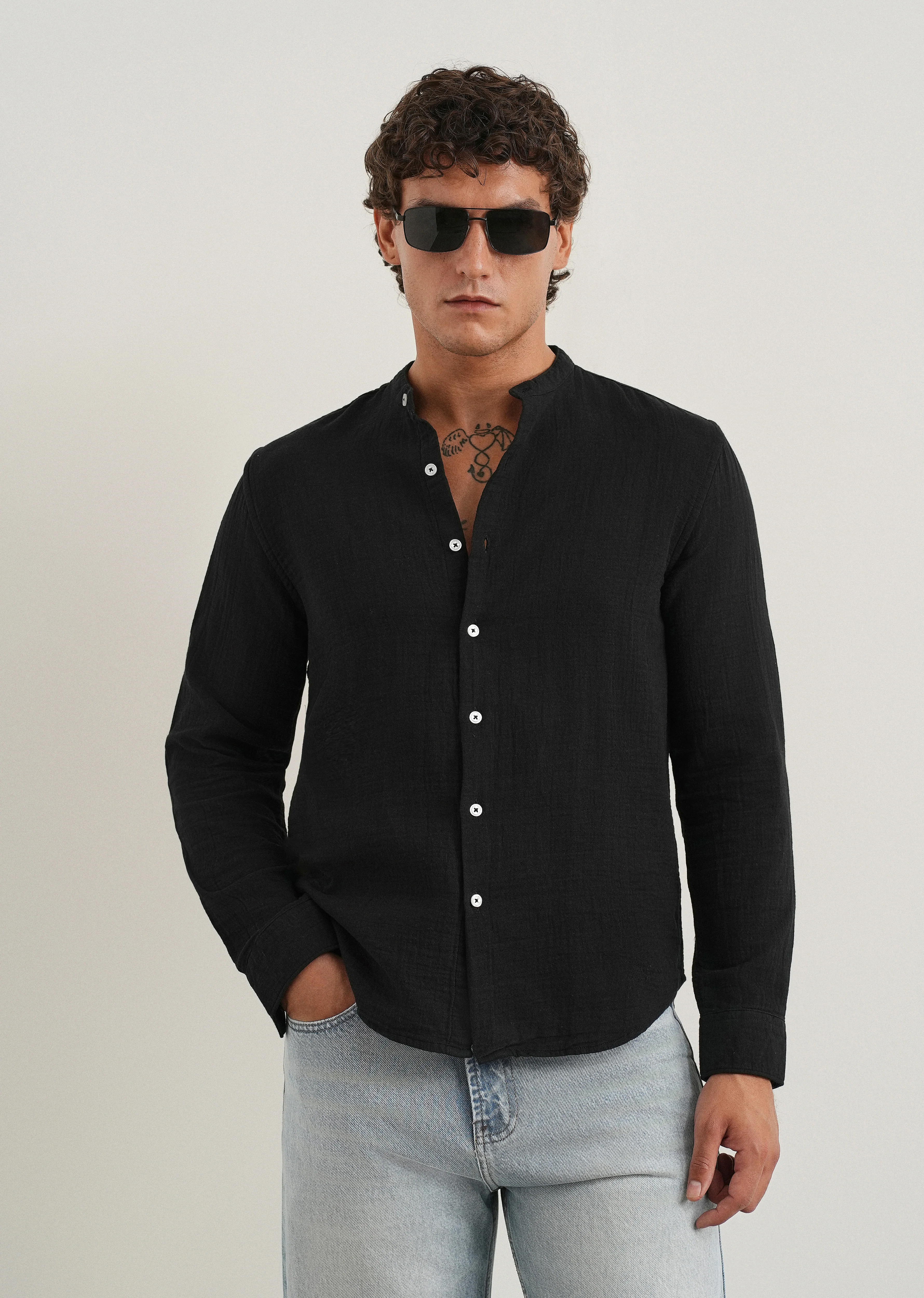 Black Plain Mandarin Collar Cotton Shirt - Image 7