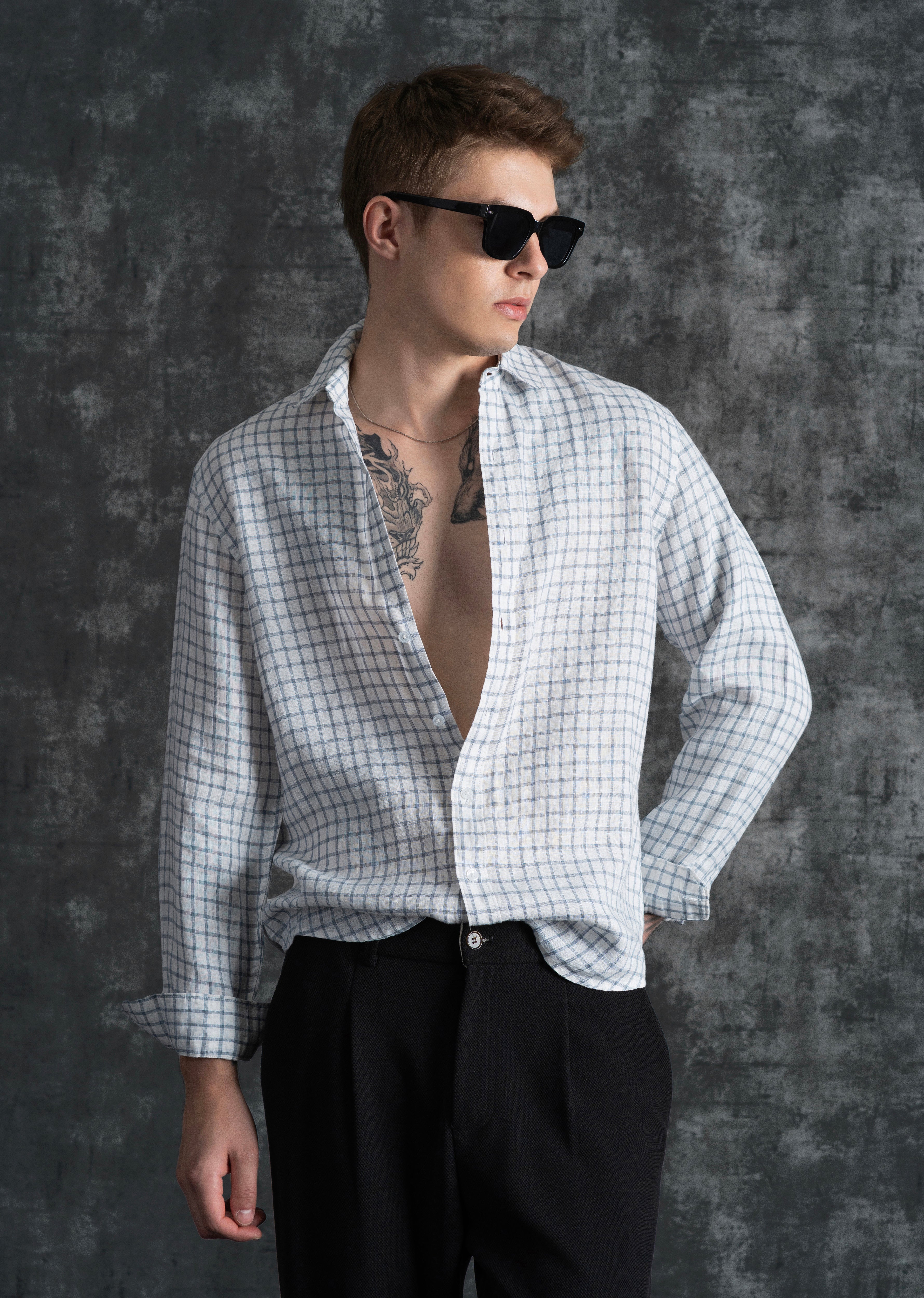 Blue 100% Pure Linen Check Shirt