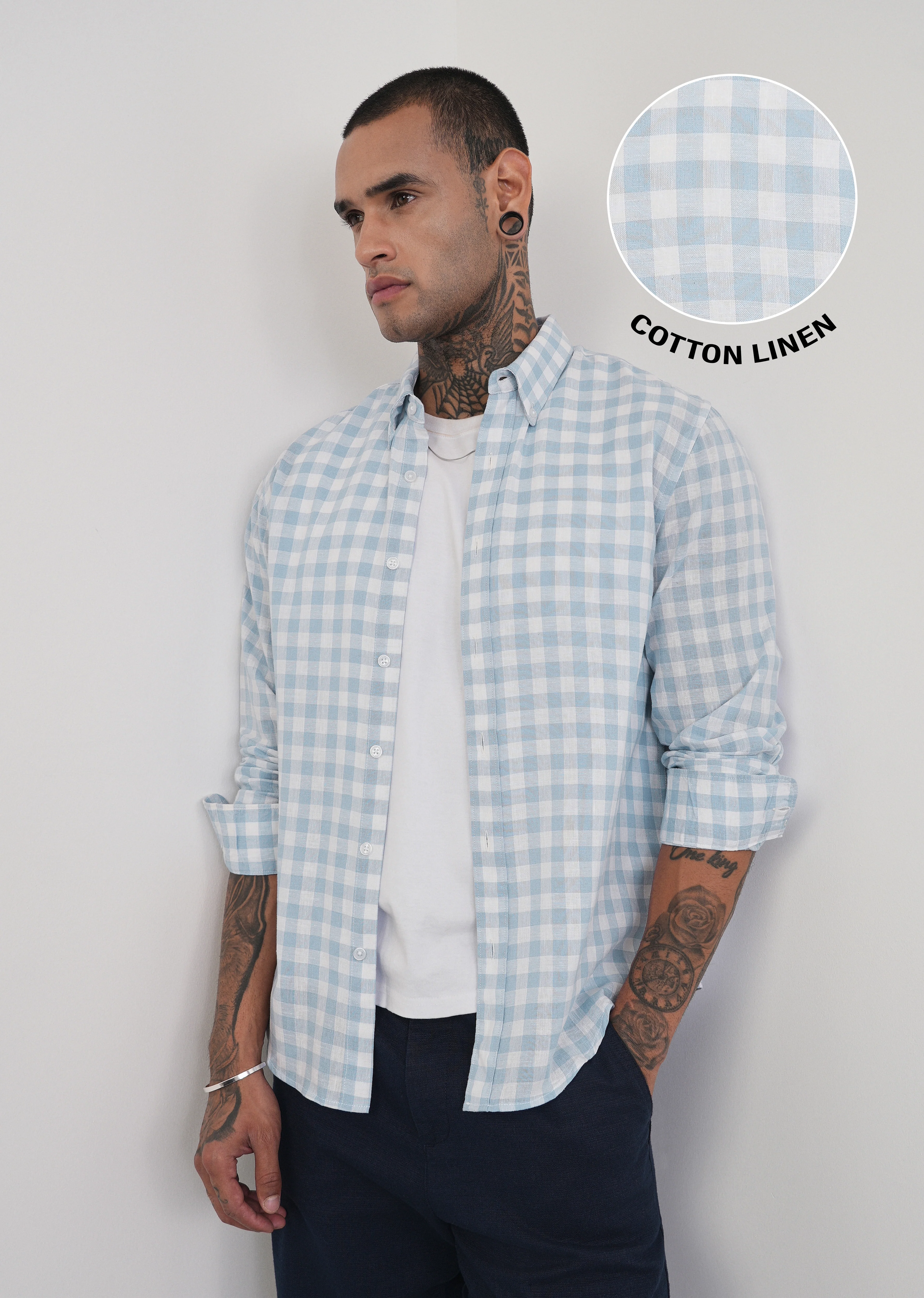 Blue Lyocell Linen Blend Check Shirt