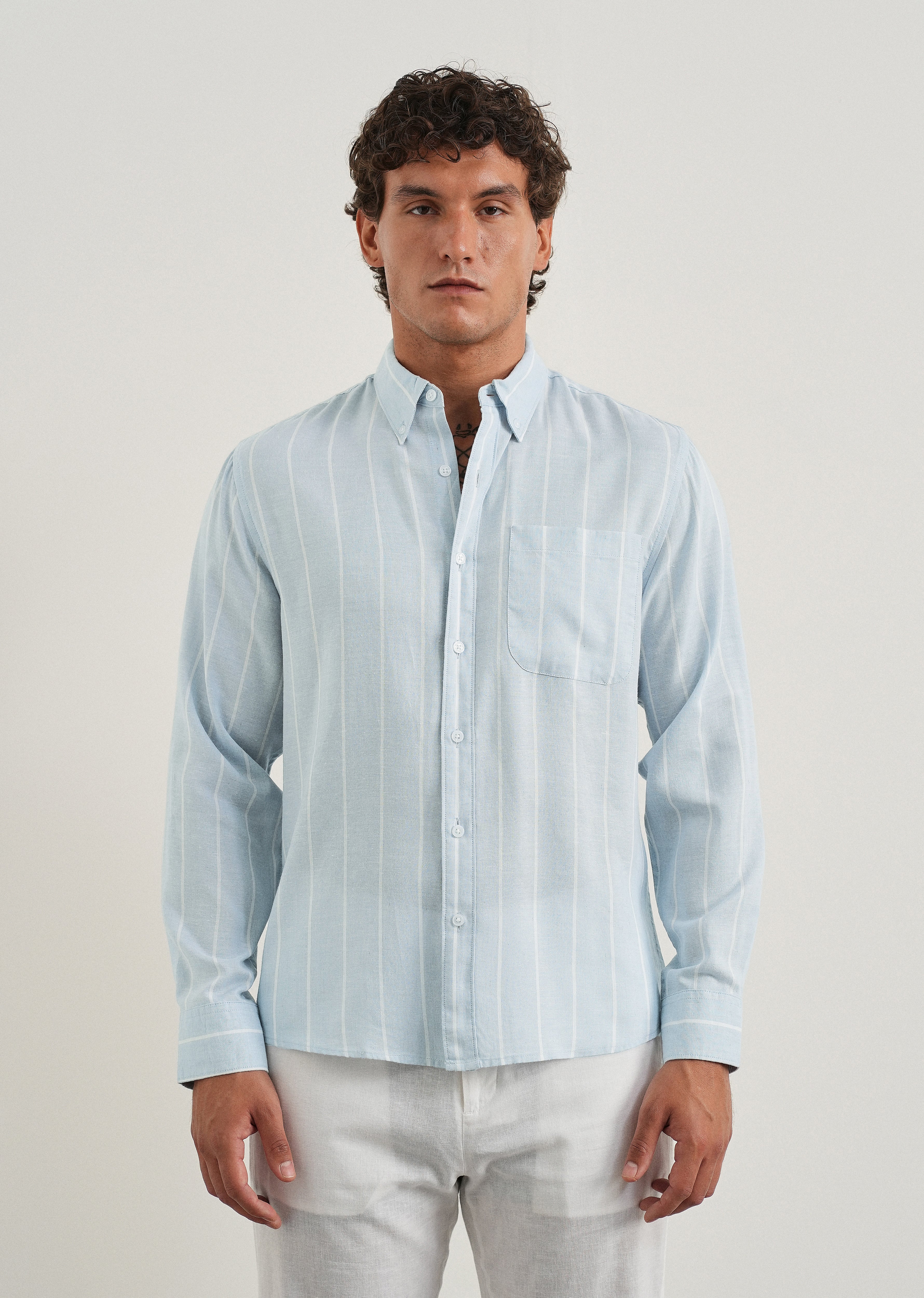 Blue Lyocell Linen Stripe Shirt - Image 3