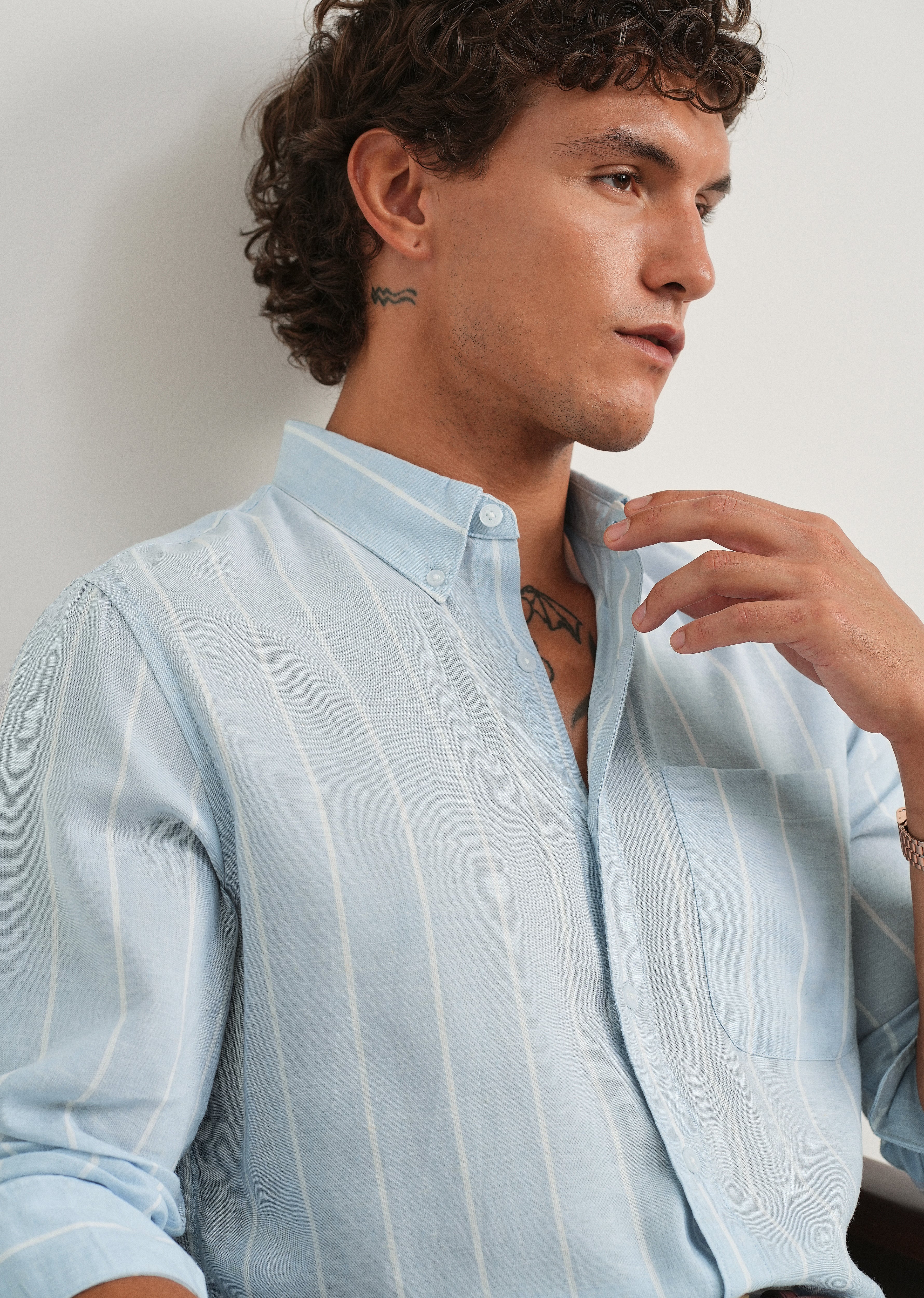 Blue Lyocell Linen Stripe Shirt - Image 5