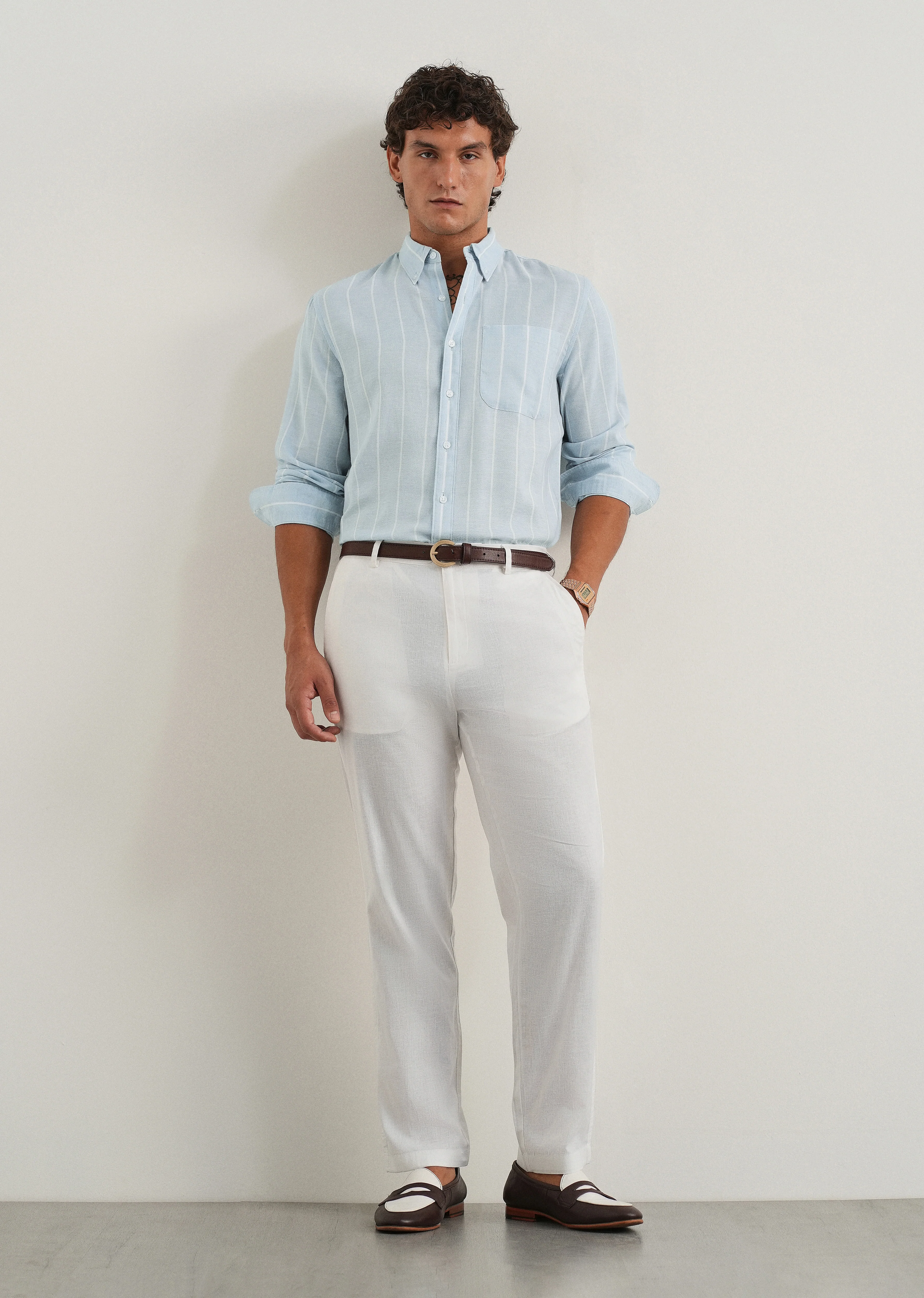 Blue Lyocell Linen Stripe Shirt - Image 6