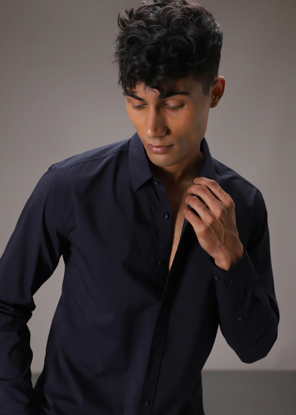 Navy Blue Plain Blended Cotton Shirt