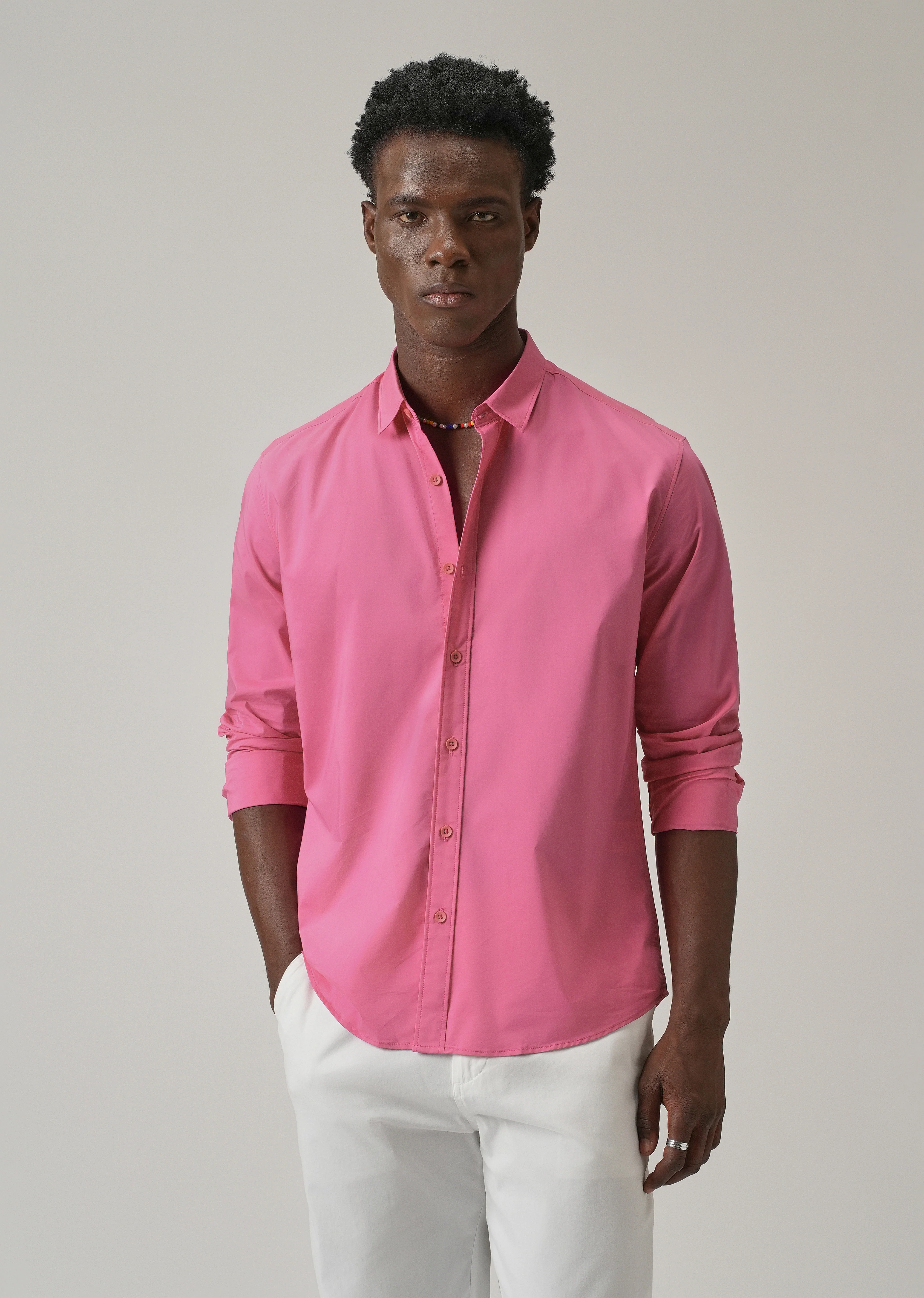 Bright Pink Plain Blended Cotton Shirt