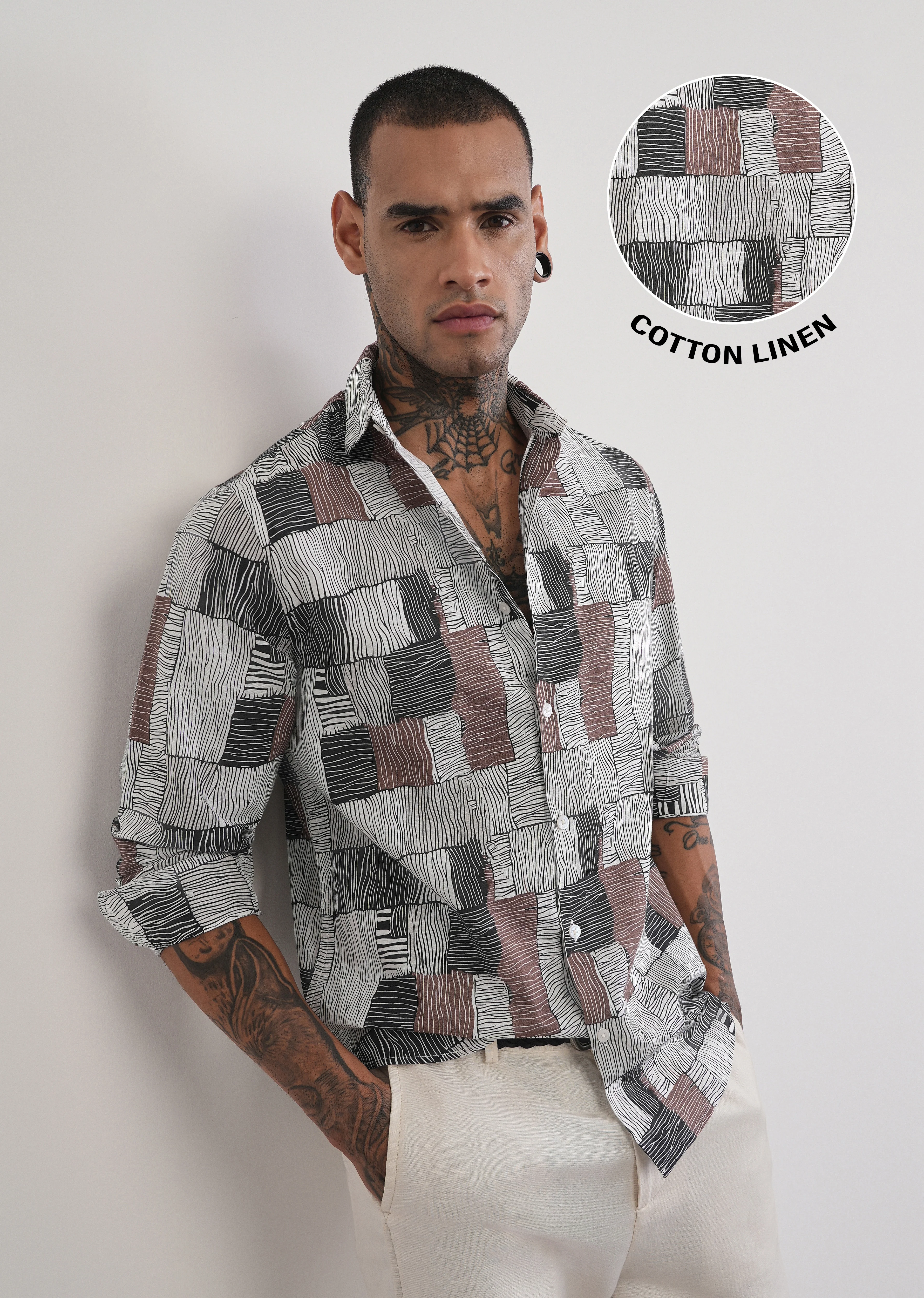 Brown Abstract Print Cotton Linen Shirt