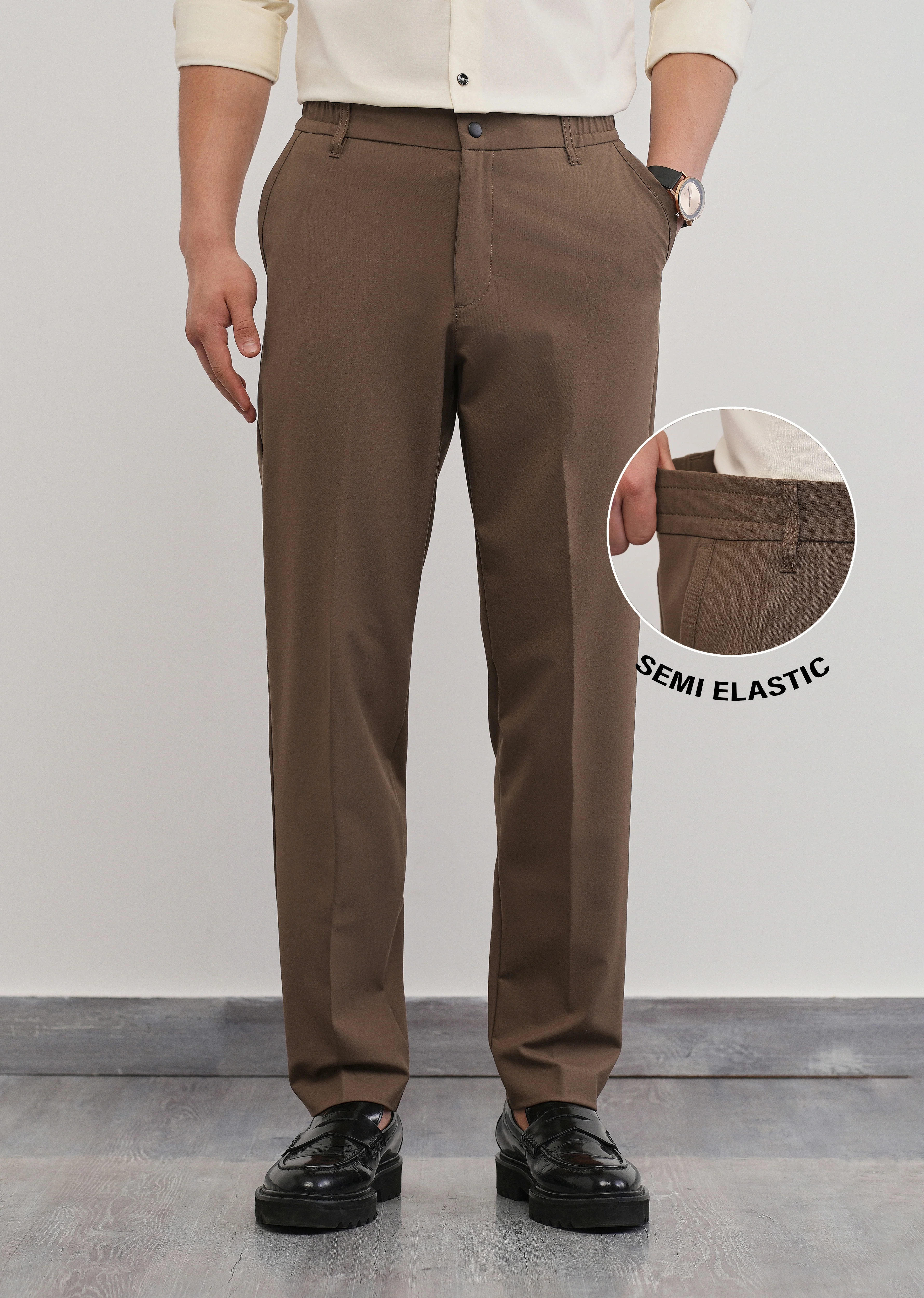 Brown Semi-Elastic Slim Fit Trouser