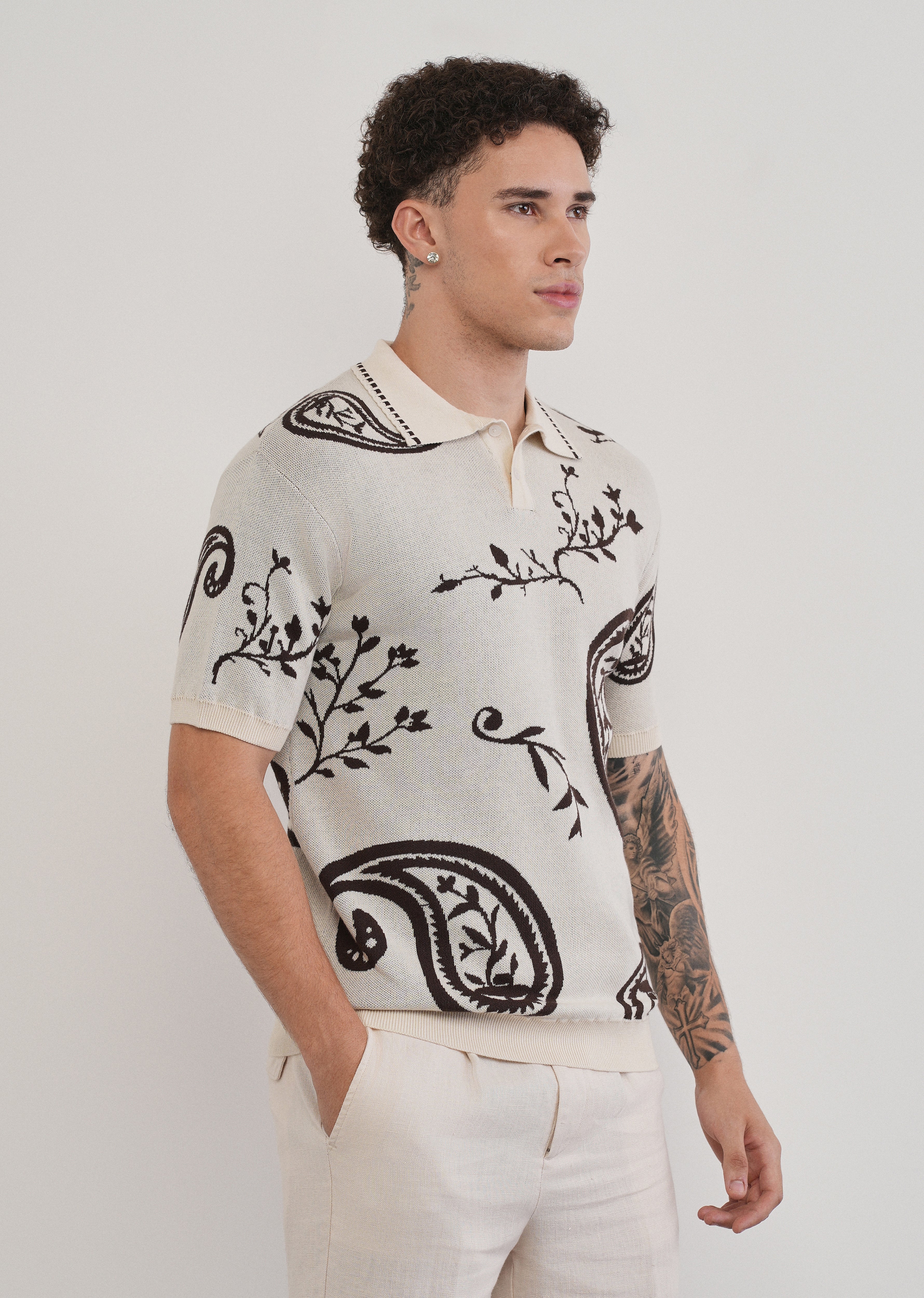Cotton Brown Paisley Knitted Polo - Image 4
