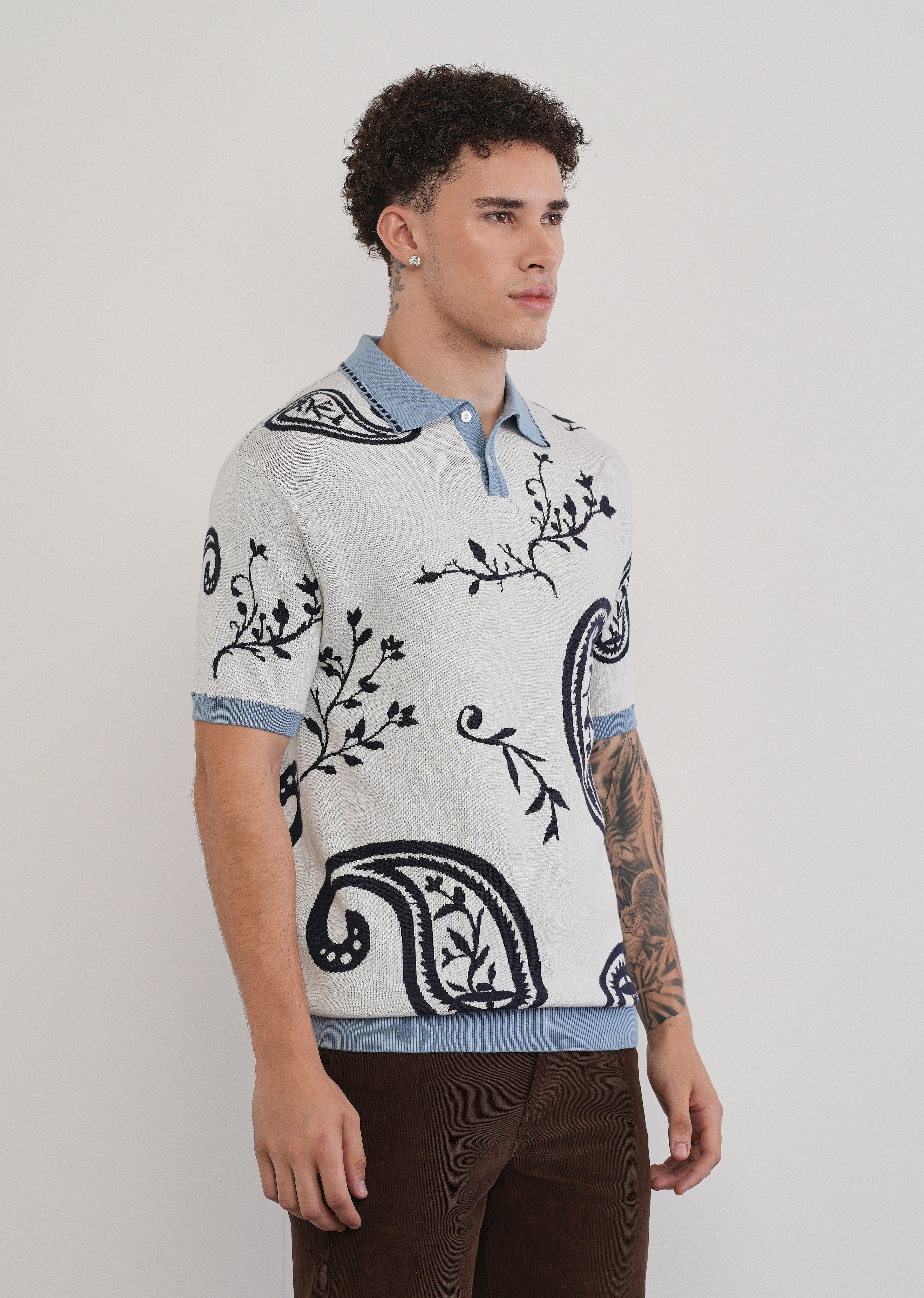 Cotton Off-White Paisley Knitted Polo - Image 4