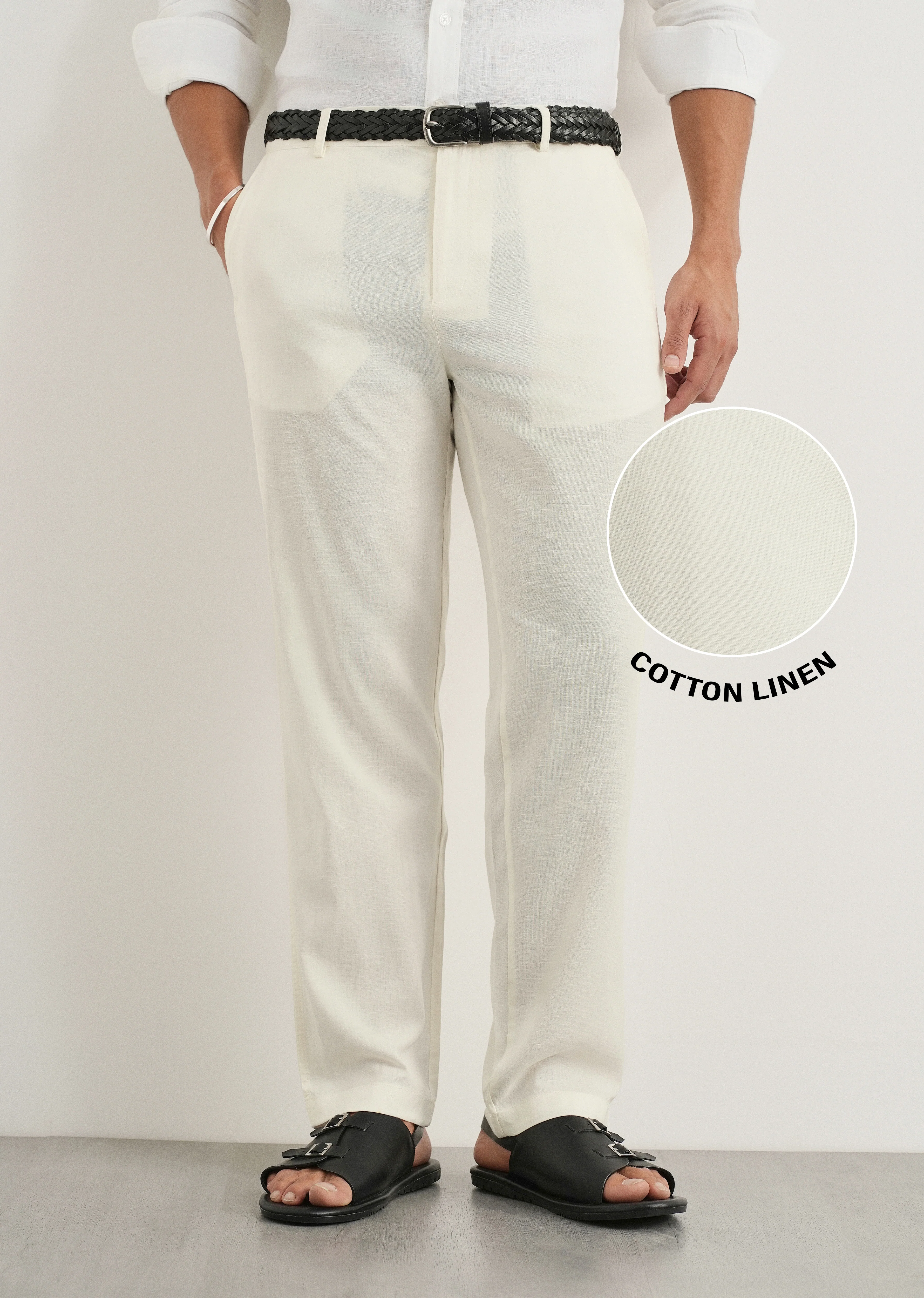 Cream Cotton Linen Regular Fit Pant