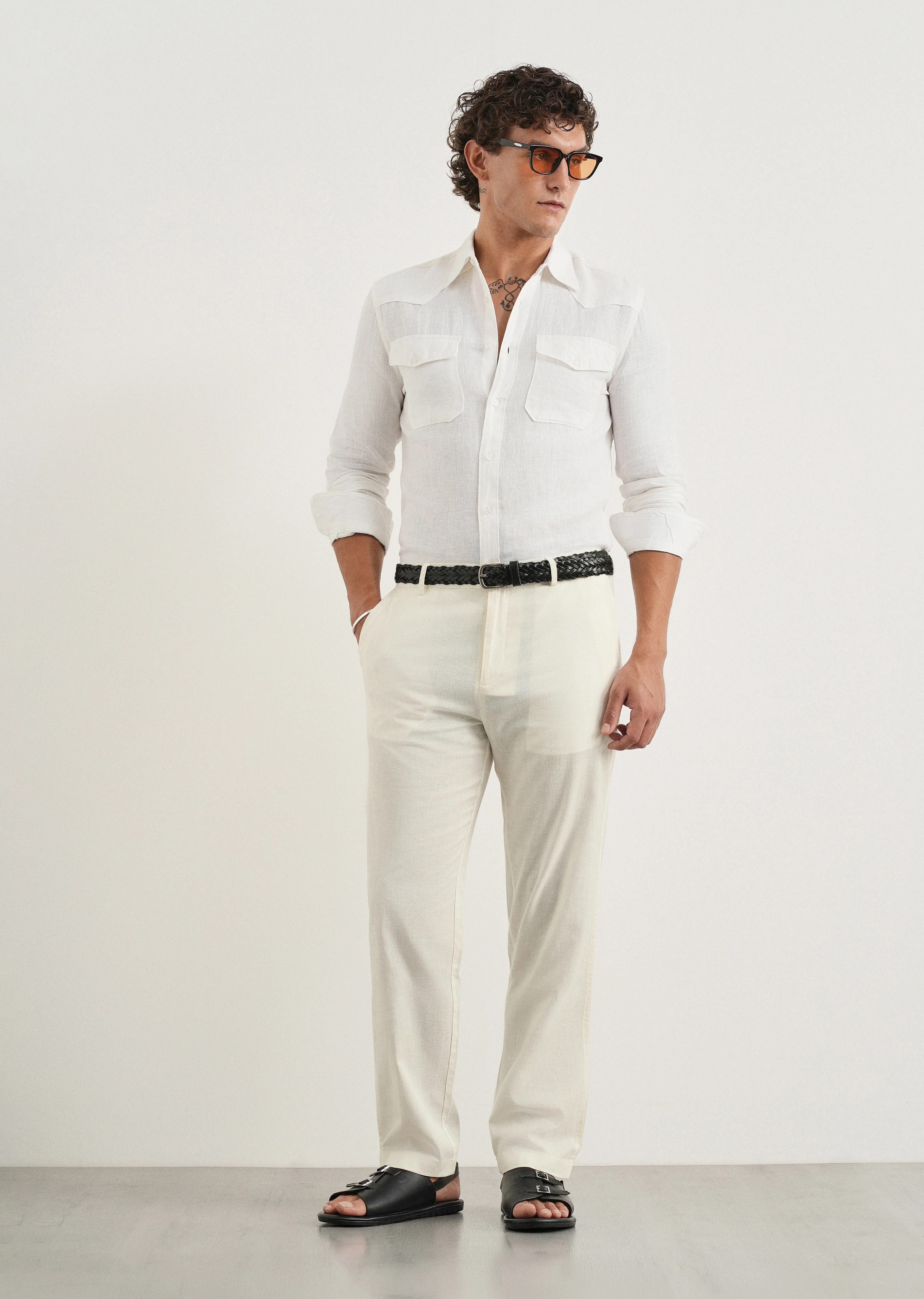 Cream Cotton Linen Regular Fit Pant - Image 6