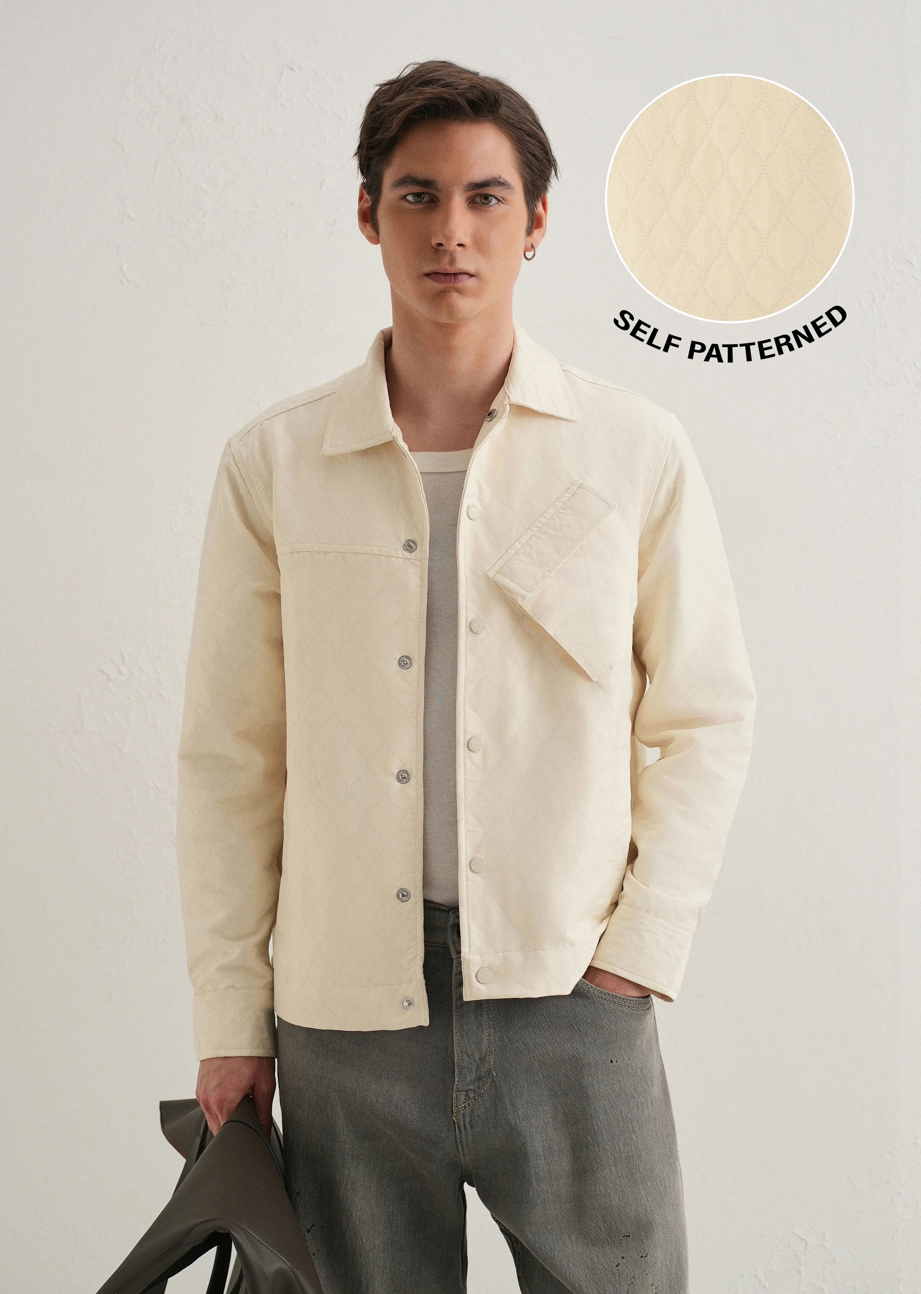 Cream Cross Pocket Self Pattern Shacket