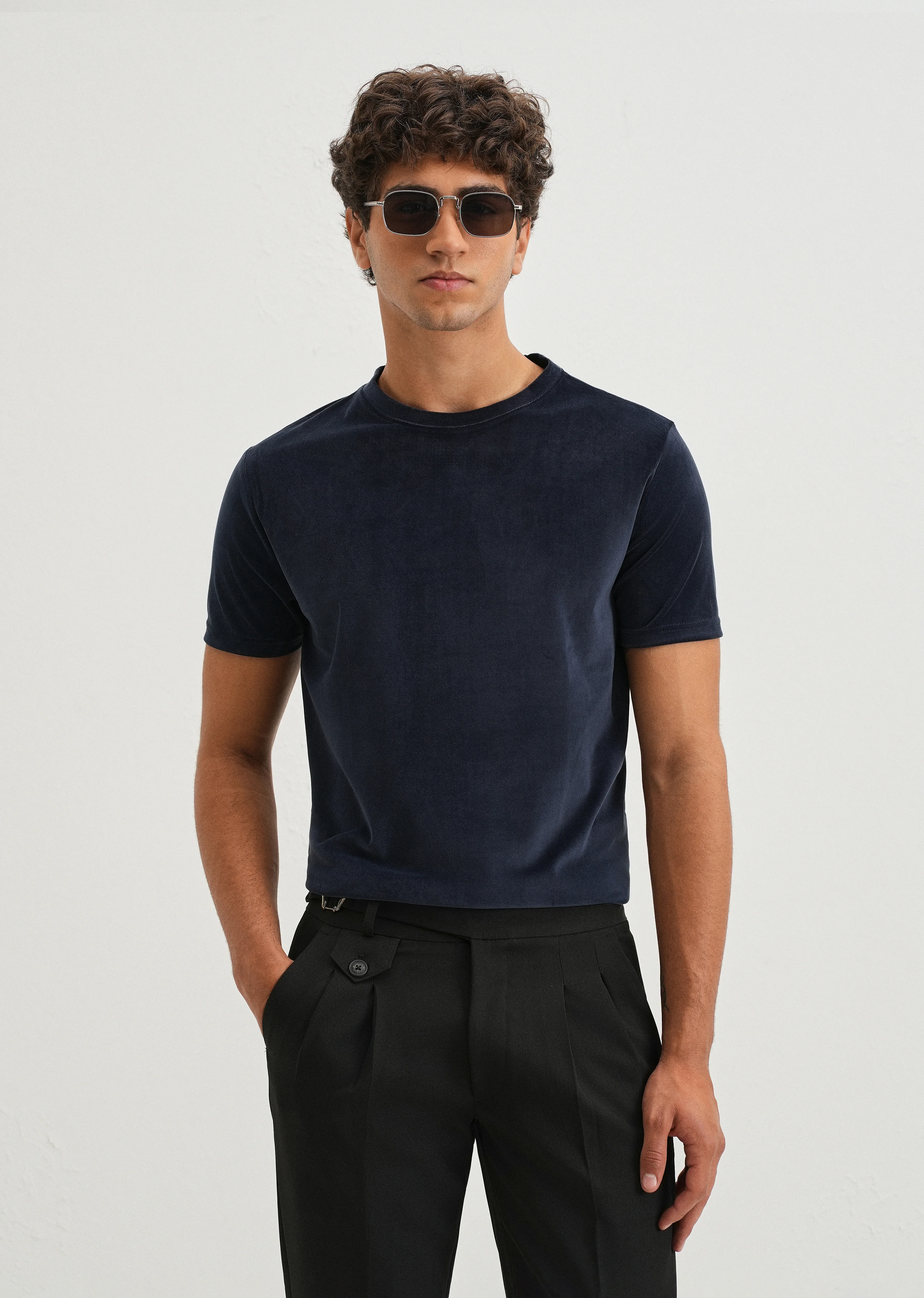 Dark Blue Plain Suede T-shirt