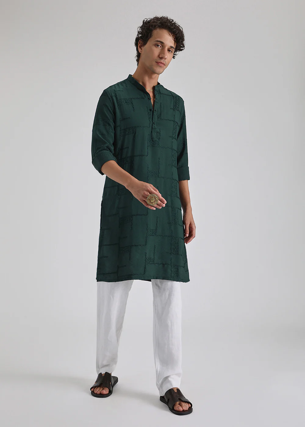 Dark Green Self Thread Embroidered Kurta