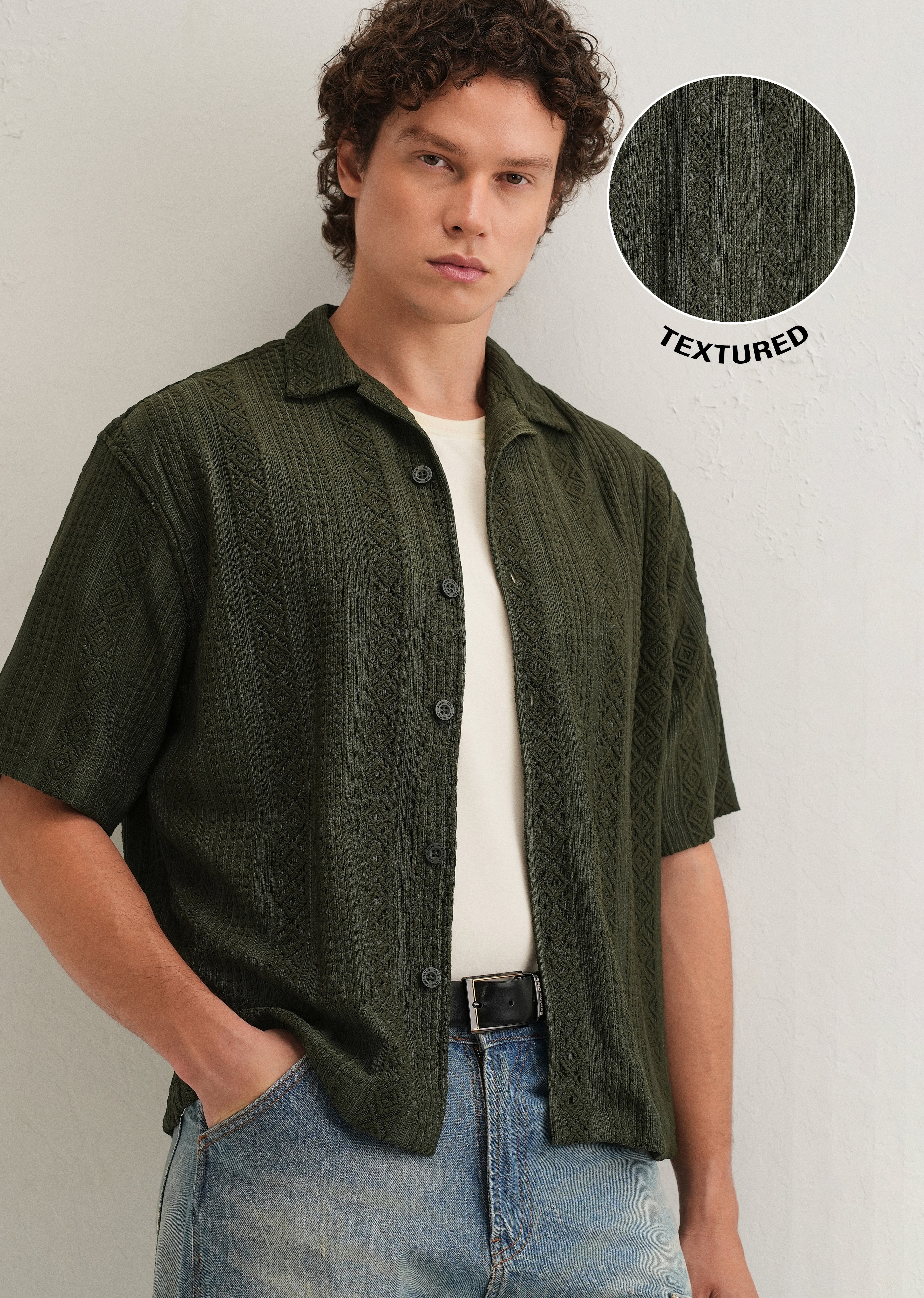 Dark Olive Green Geometric Textured Shirt