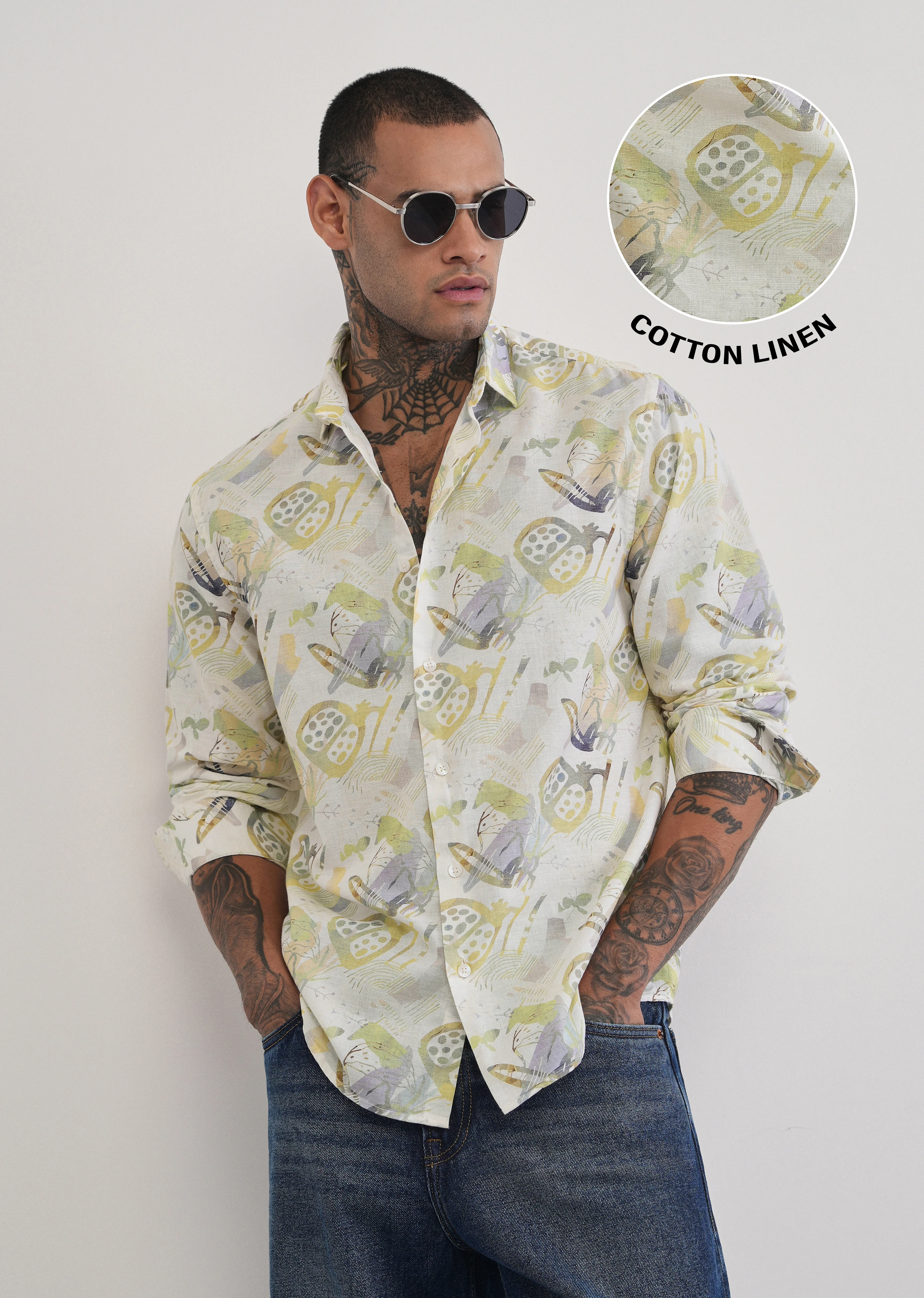 Green Artistic Print Cotton Linen Shirt