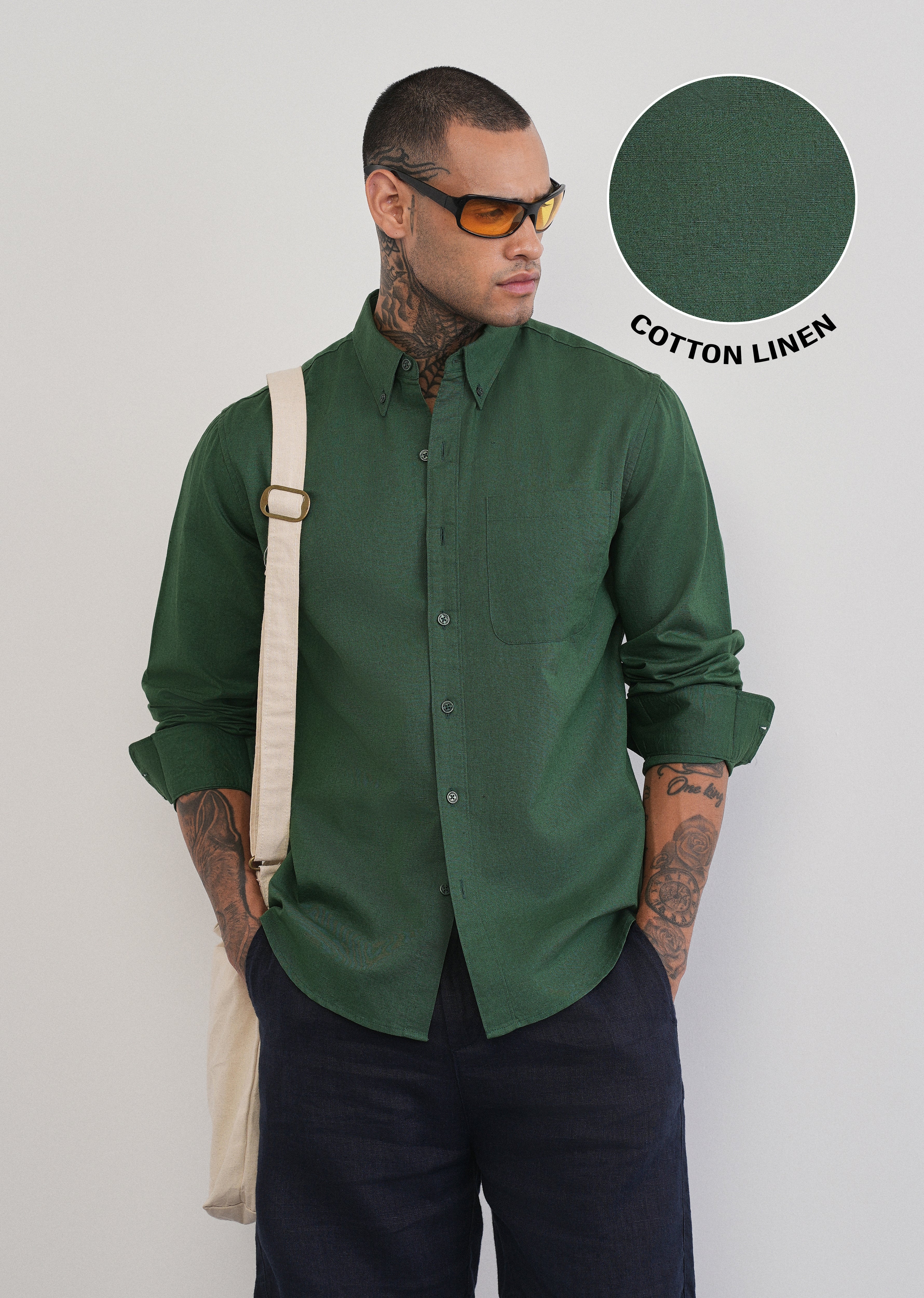 Green Cotton Linen Plain Shirt