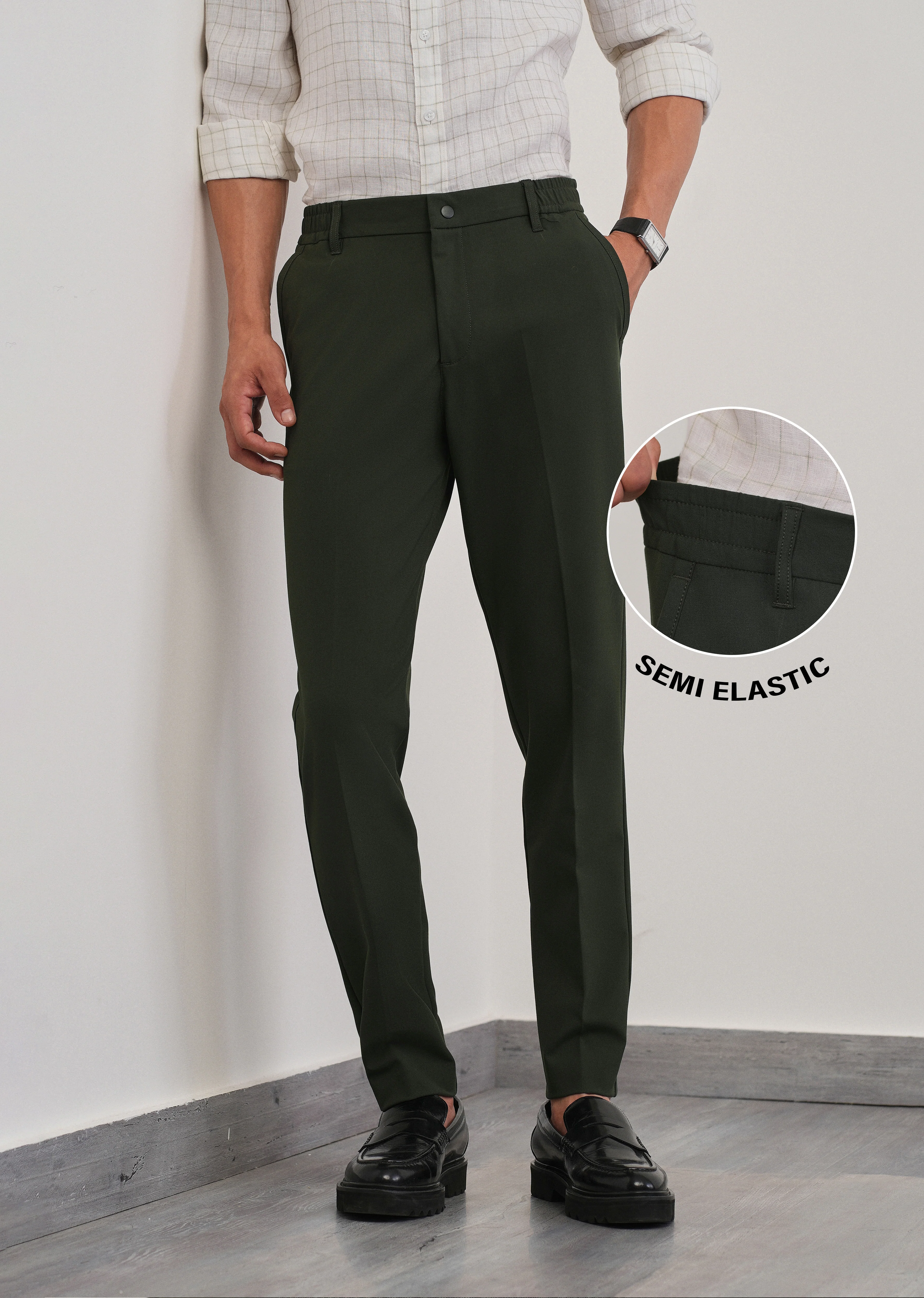 Green Semi-Elastic Slim Fit Trouser