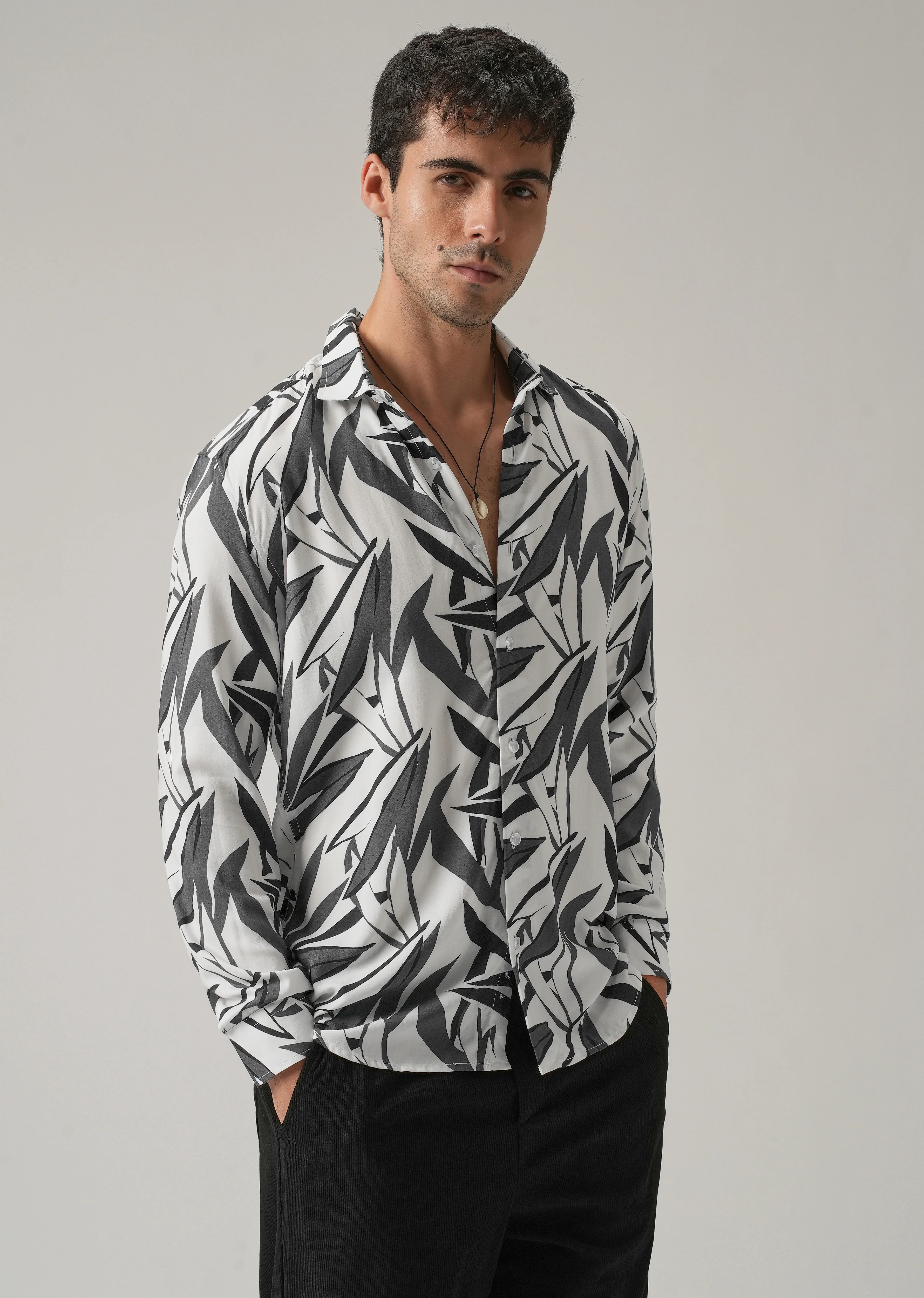Grey Graphic Leaf Printed Shirt