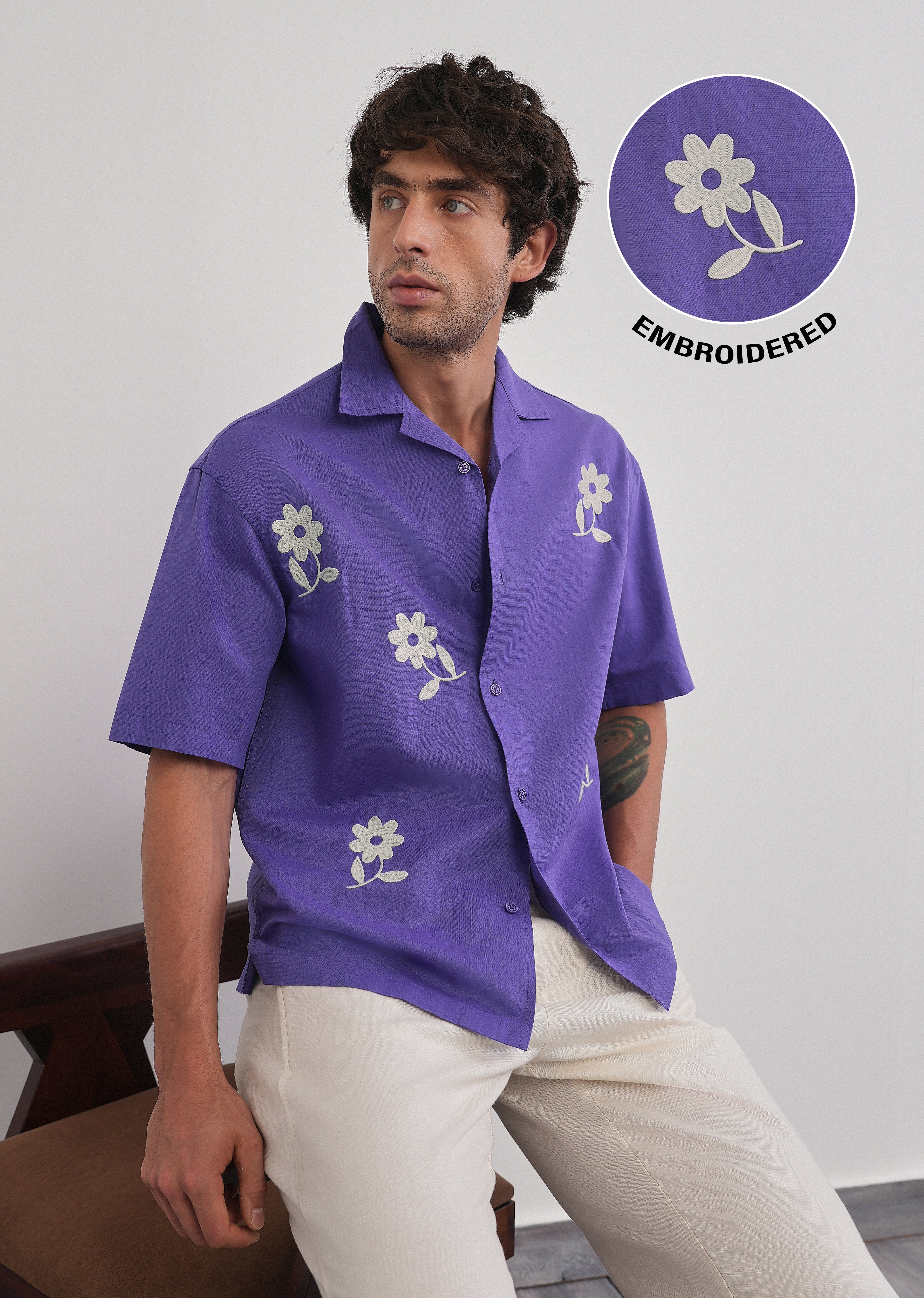 Lavender Floral Placement Embroidered Shirt