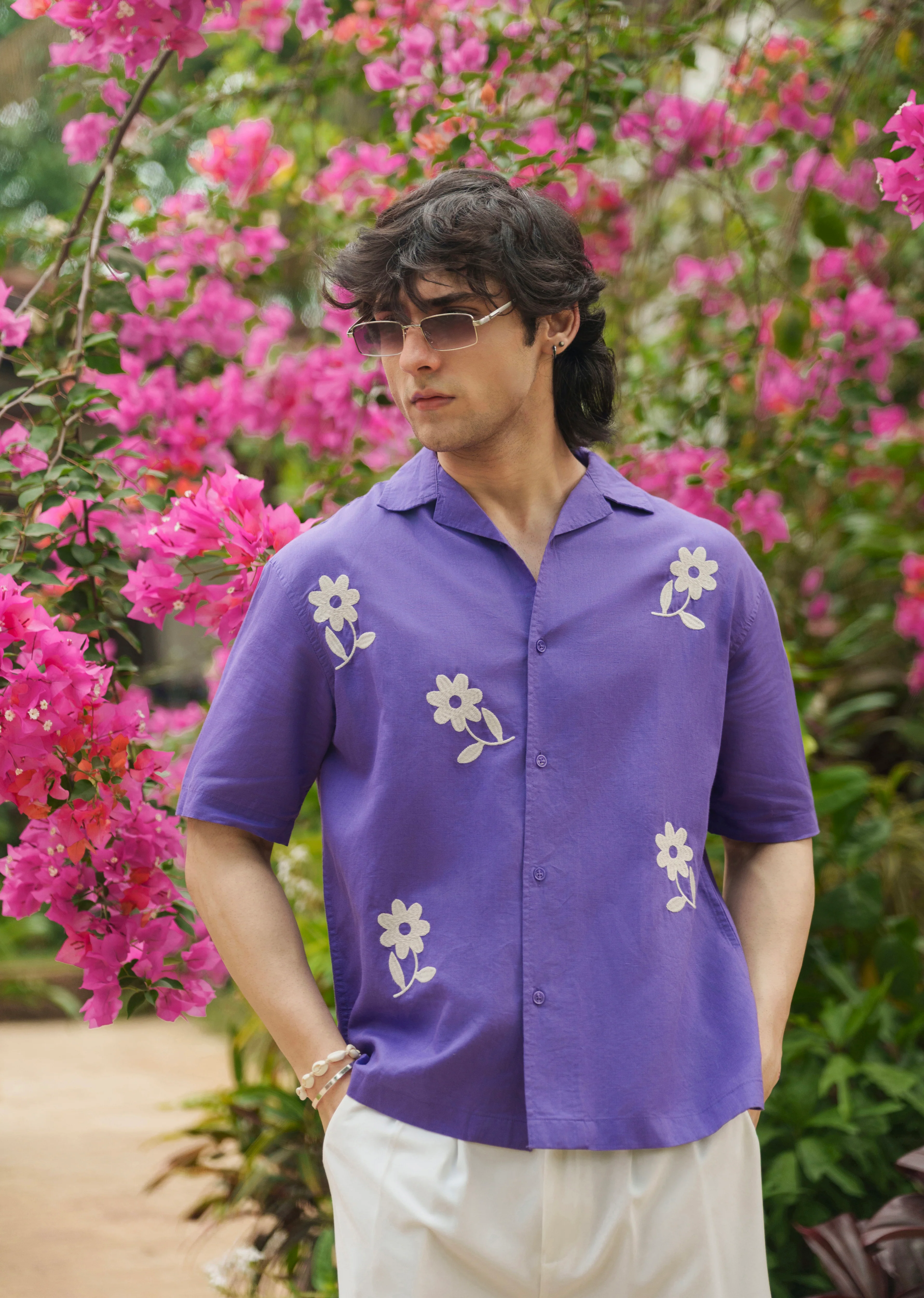 Lavender Floral Placement Embroidered Shirt - Image 2