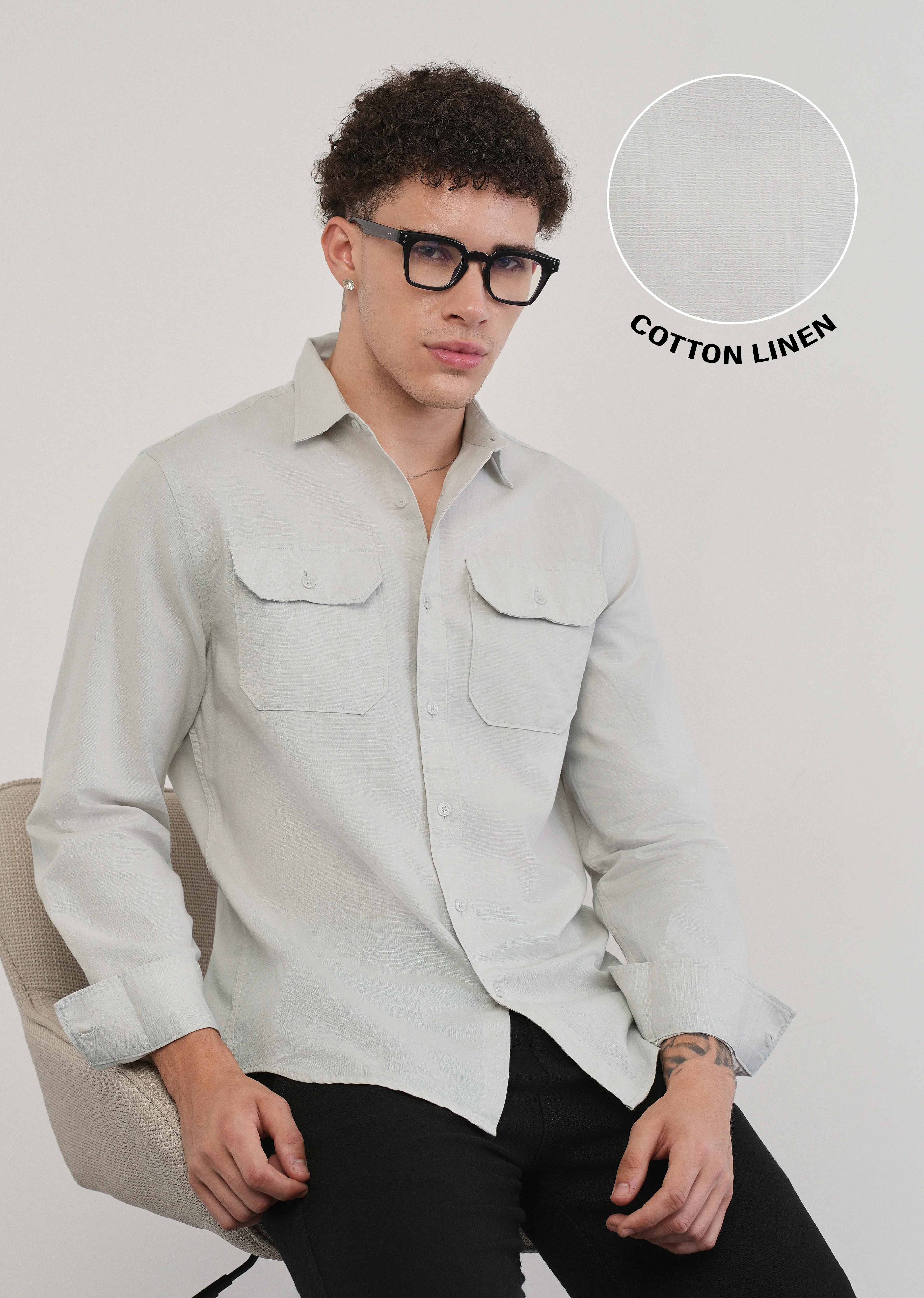 Light Grey Cotton Linen Flap Pocket Shirt