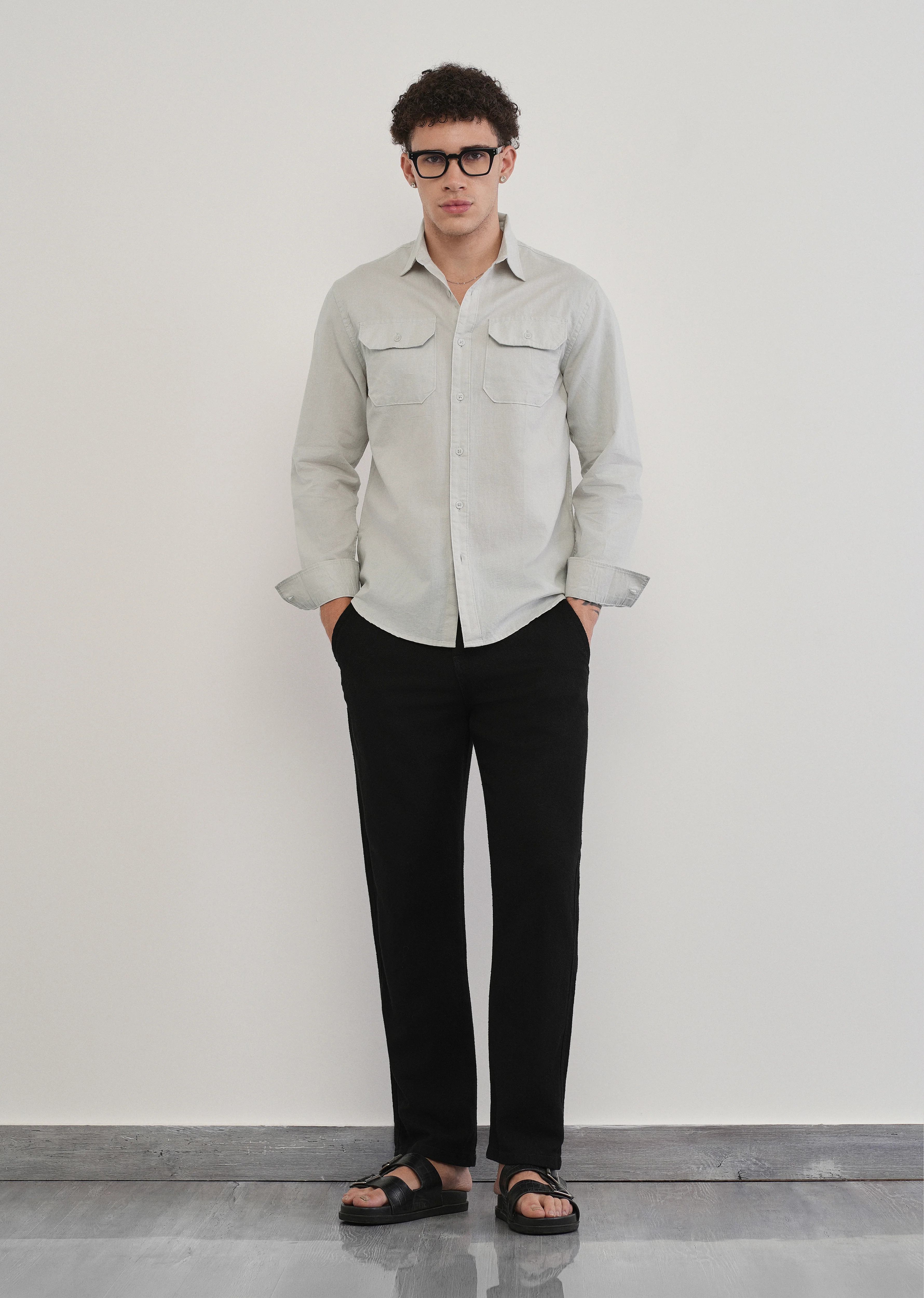 Light Grey Cotton Linen Flap Pocket Shirt - Image 6