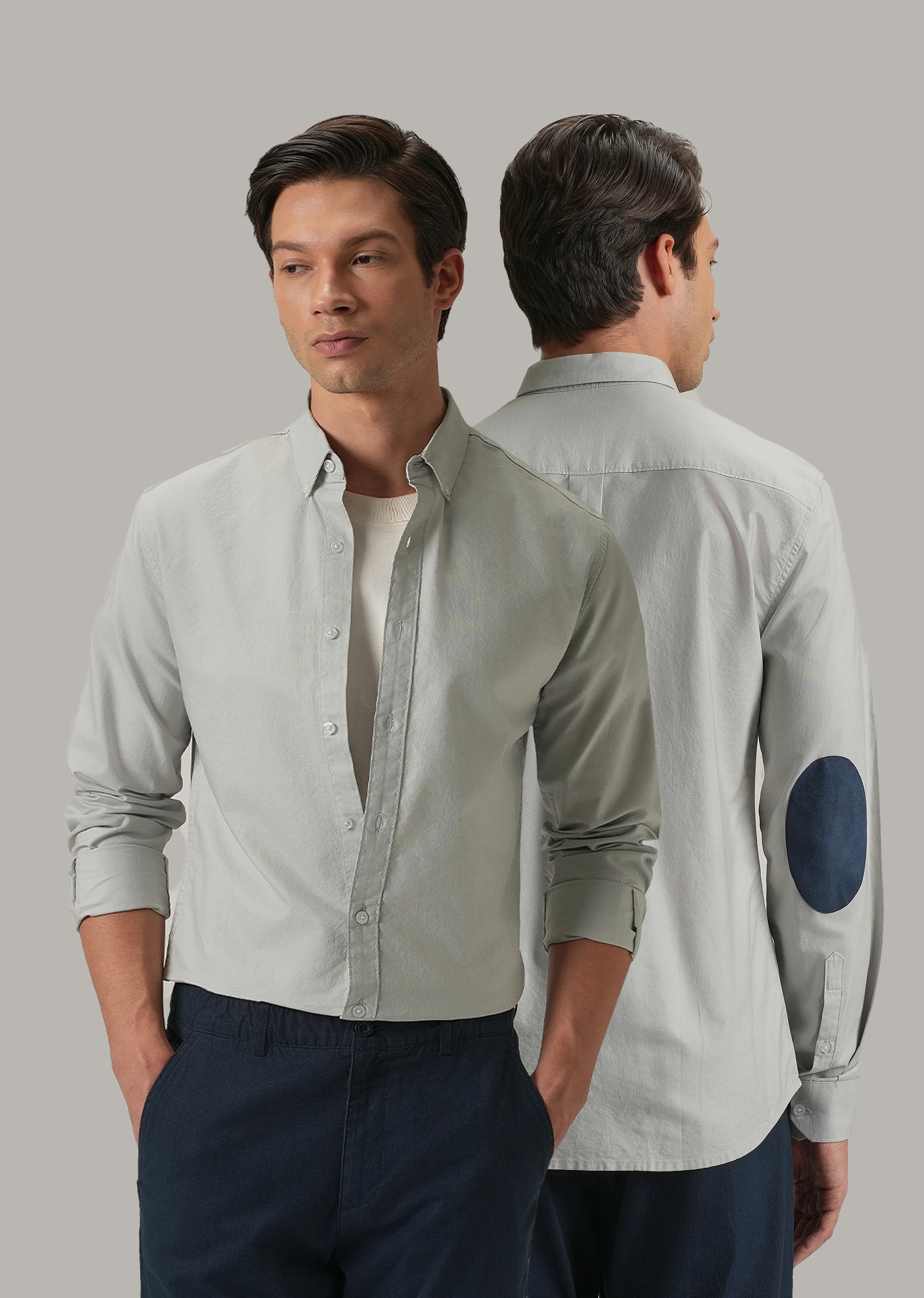 Light Grey Plain Elbow Patch Oxford Shirt